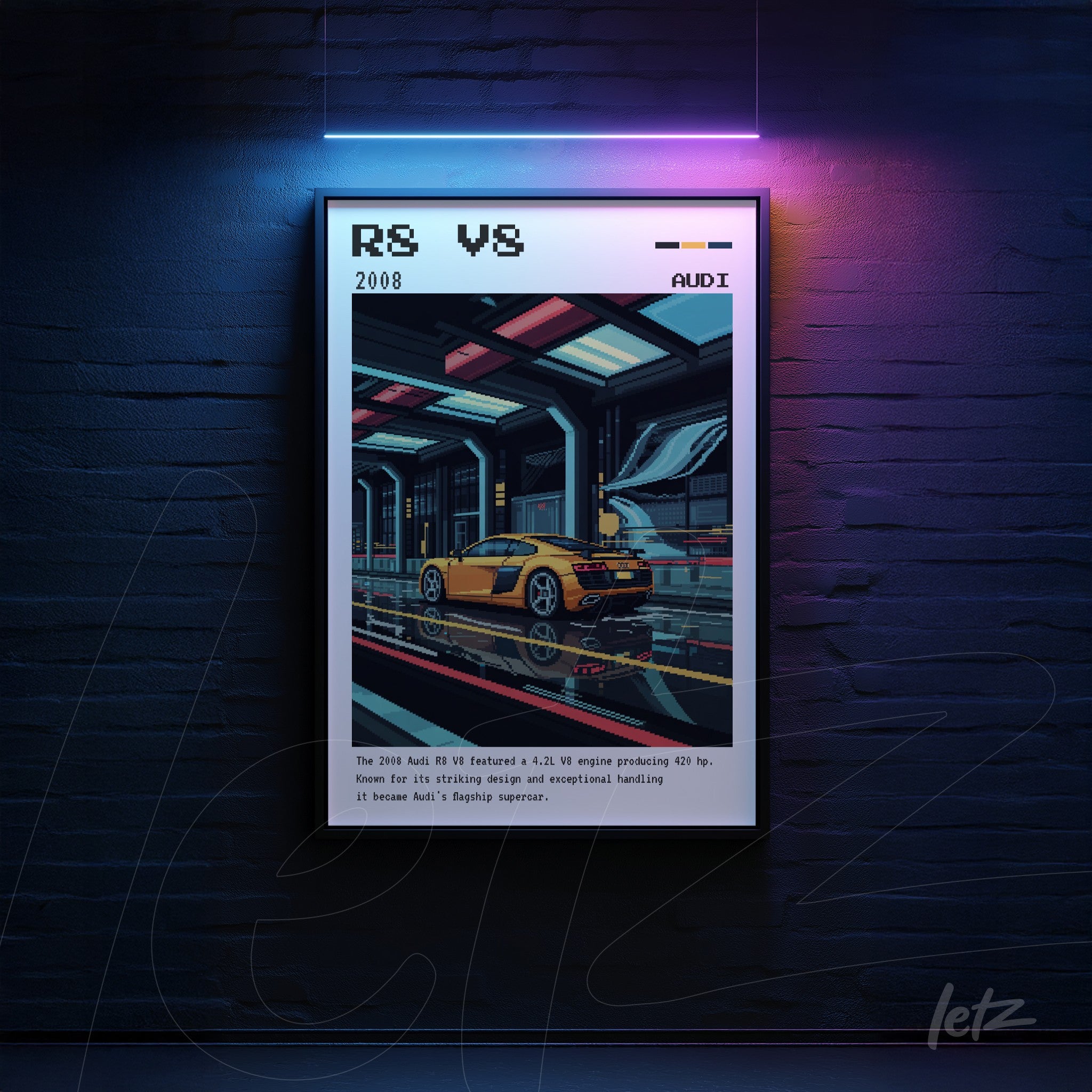 digital art of a sports car in a futuristic setting with black frame