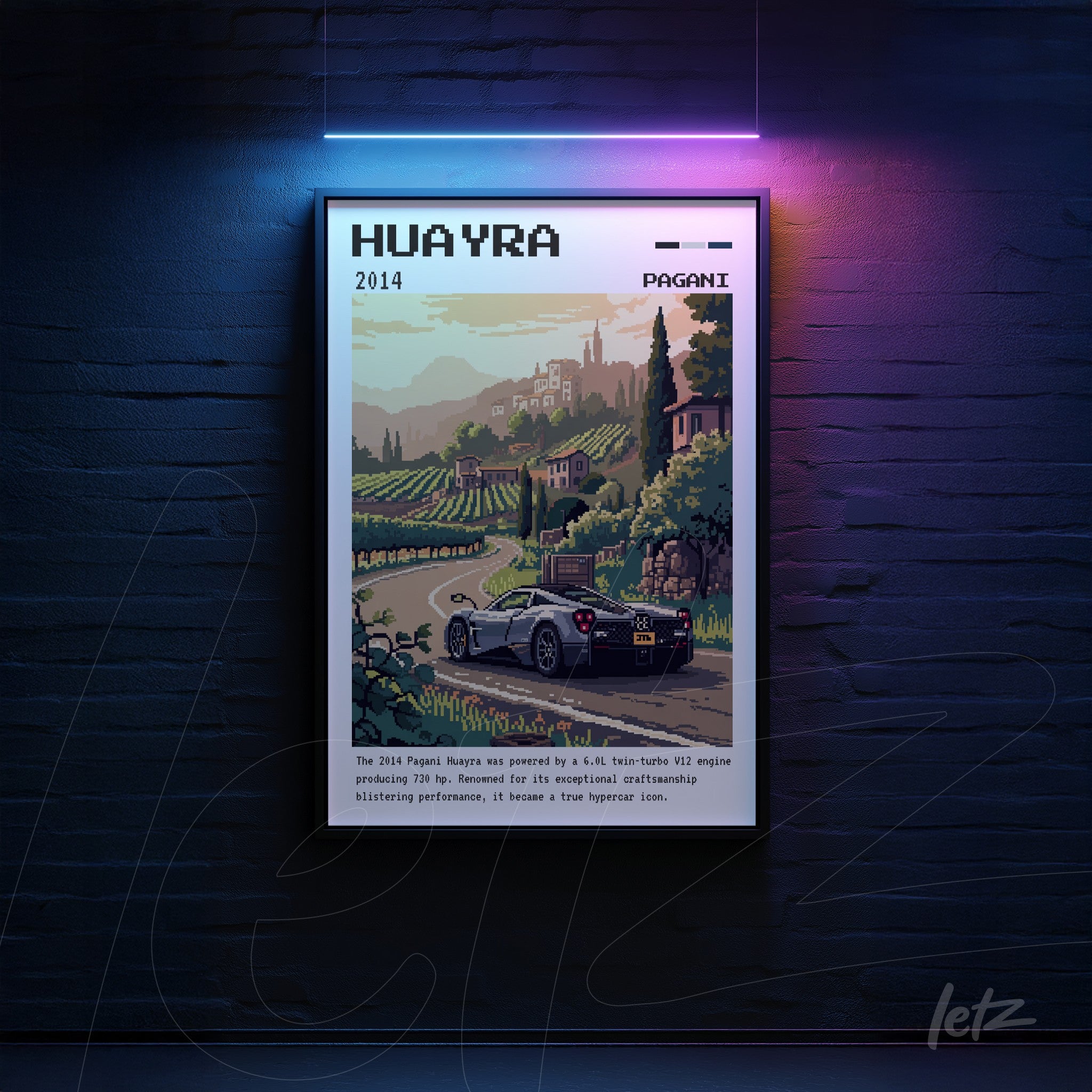 framed pixel art of Pagani Huayra car in a rural landscape featuring vineyards and mountains in the background