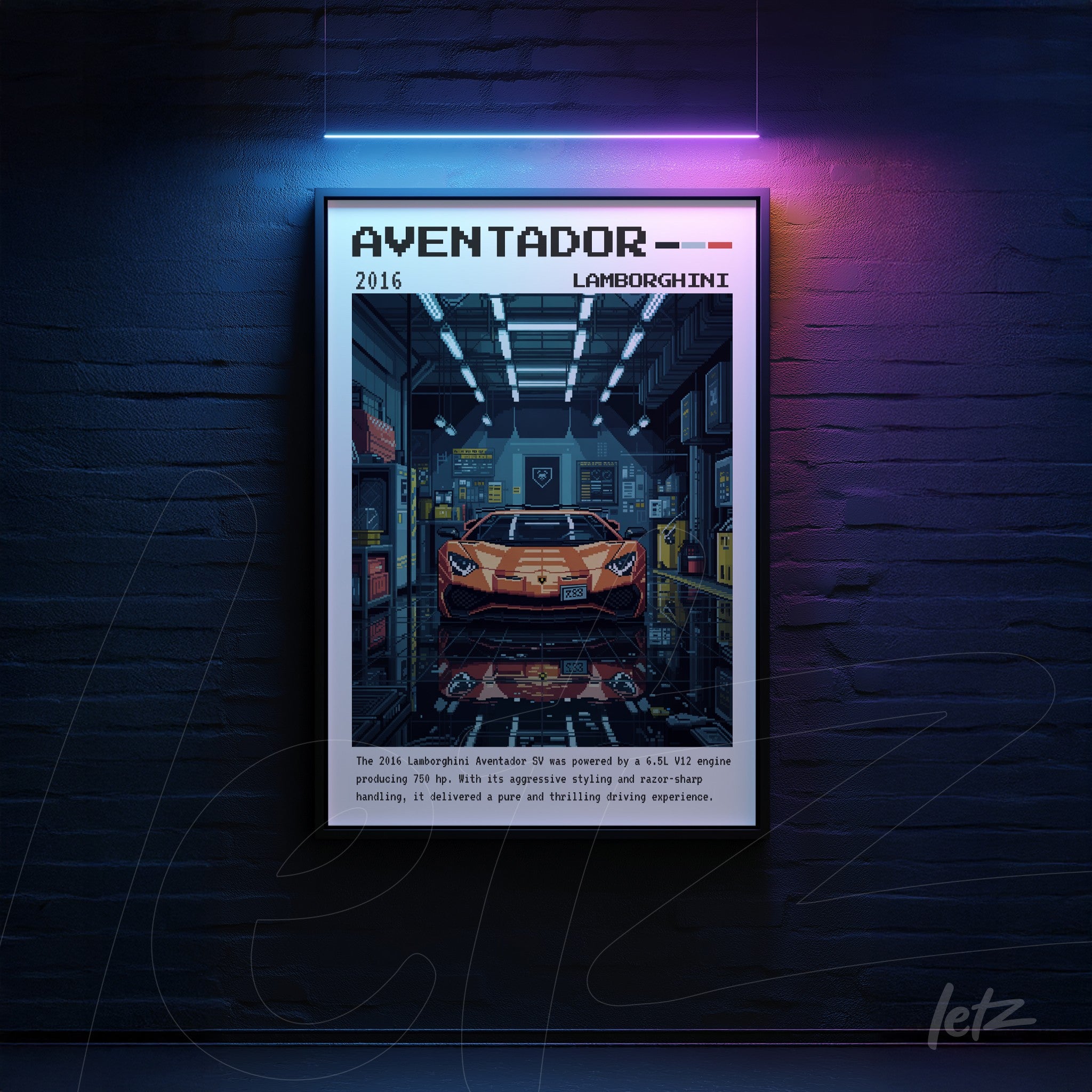 framed digital art of Lamborghini Aventador in retro style displayed on a brick wall