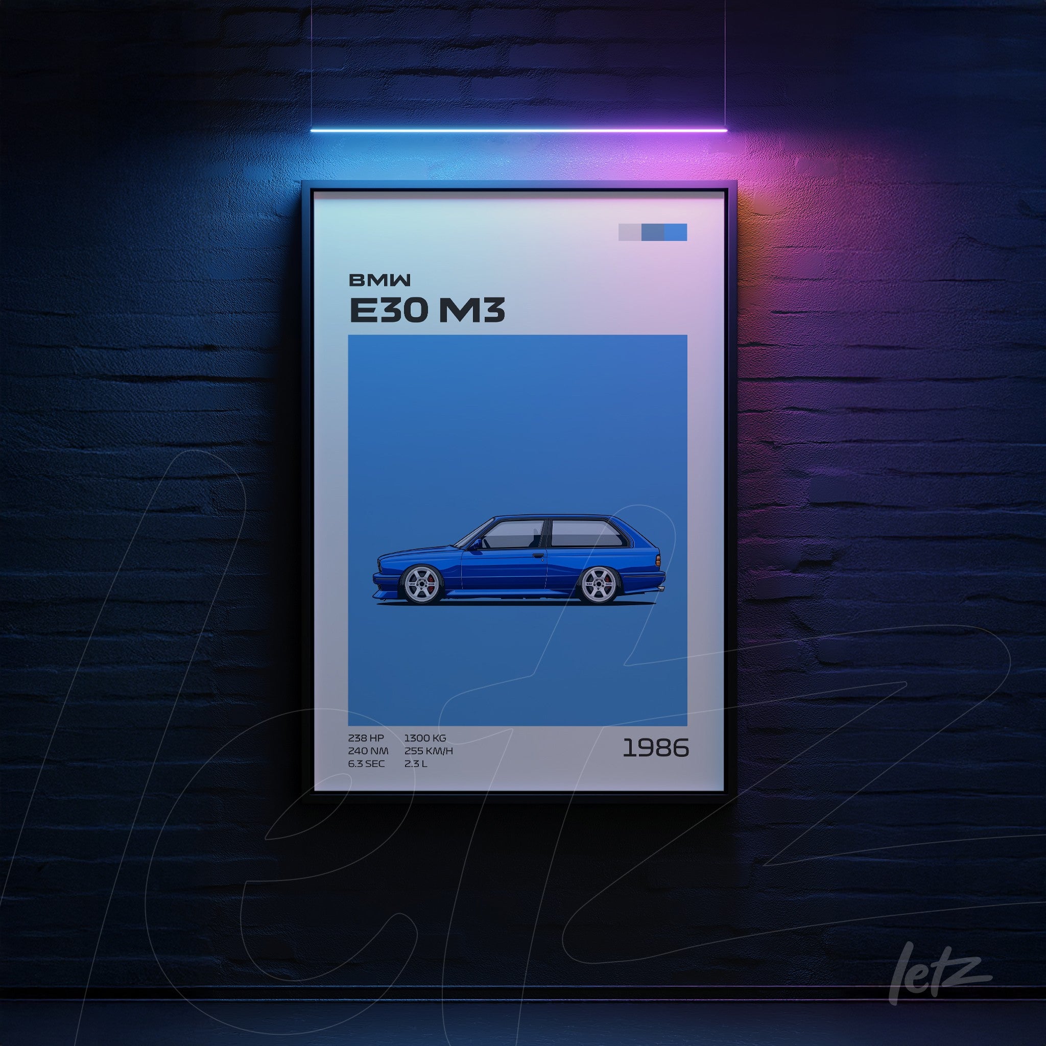 framed wall art featuring a minimalist illustration of a BMW E30 M3 in black frame with blue background and neon lighting