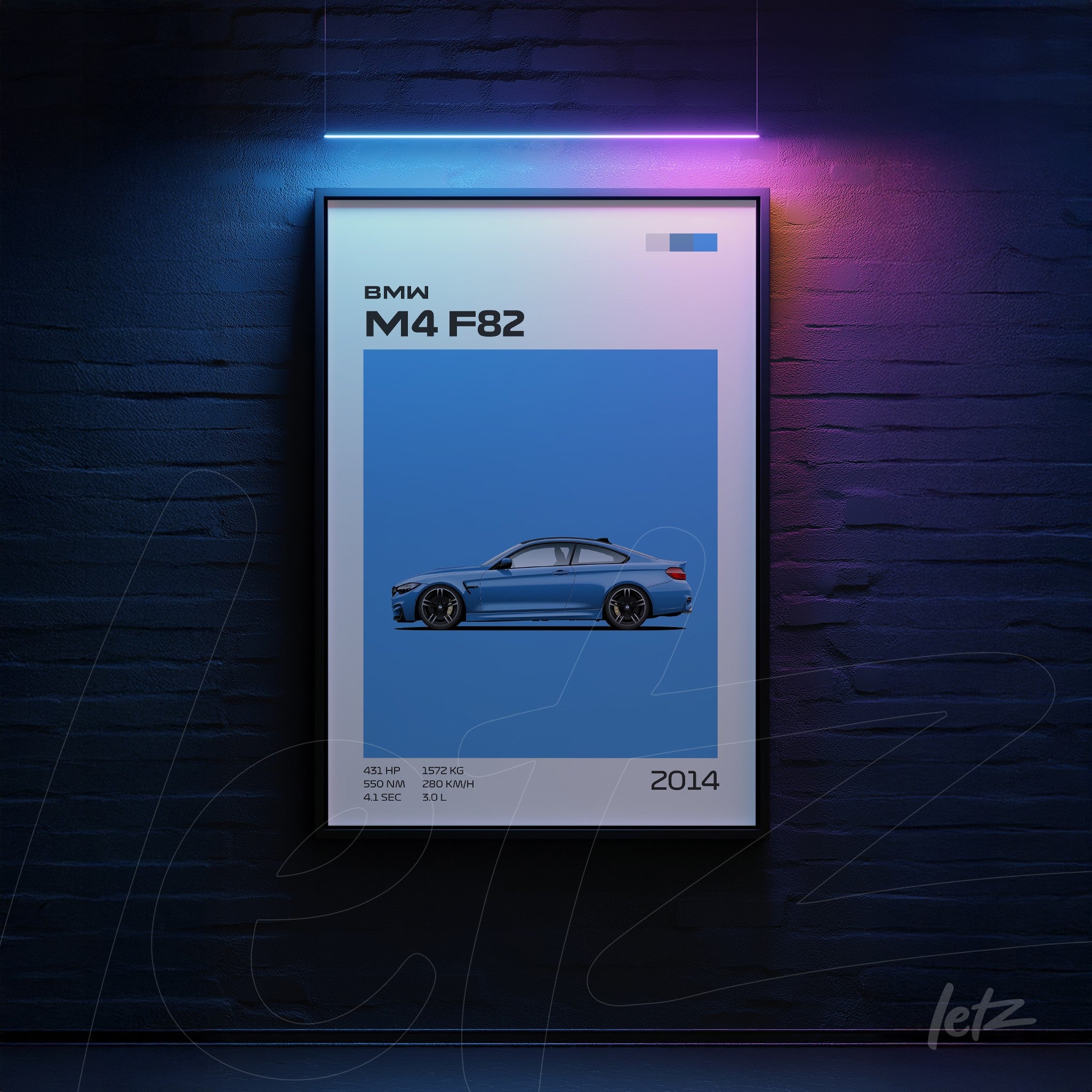 framed digital art of a blue BMW M4 F82 with light blue background