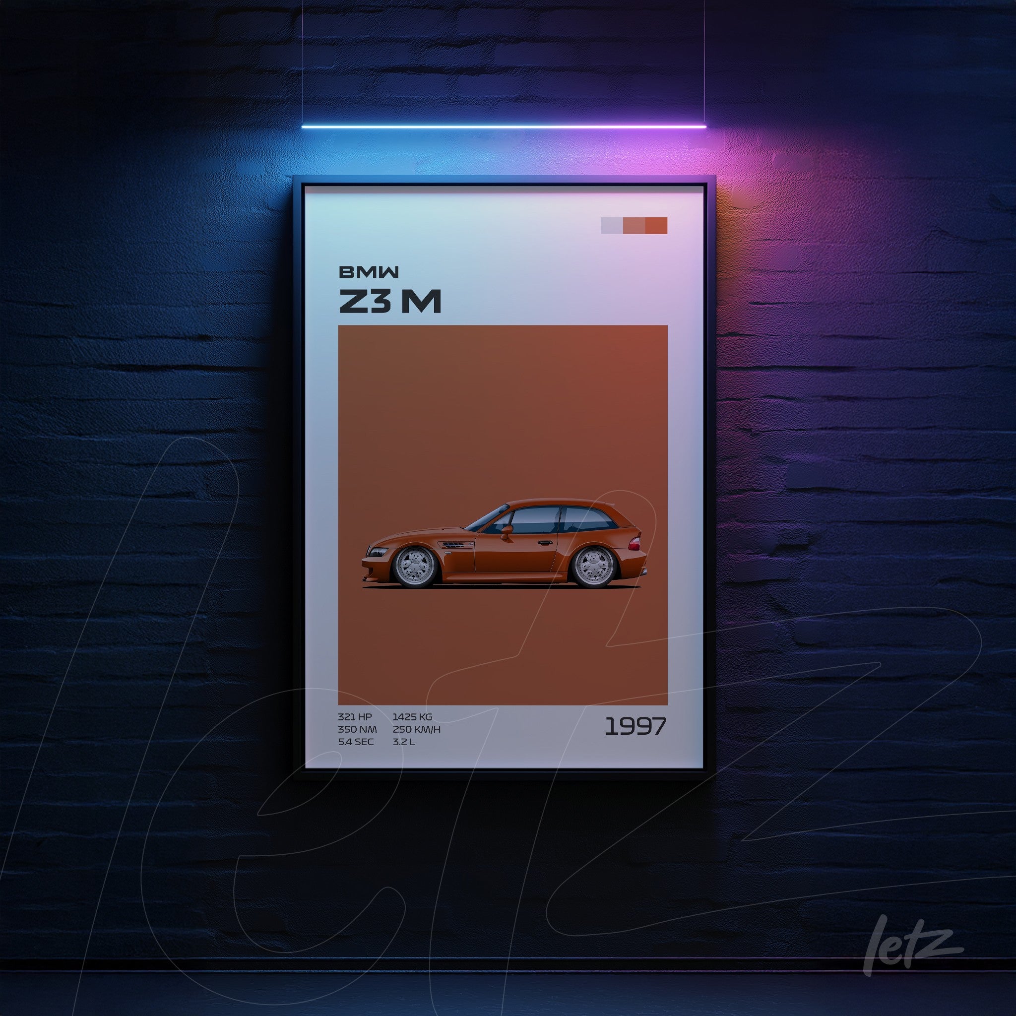framed wall art featuring digital illustration of BMW Z3 M on orange background with black frame