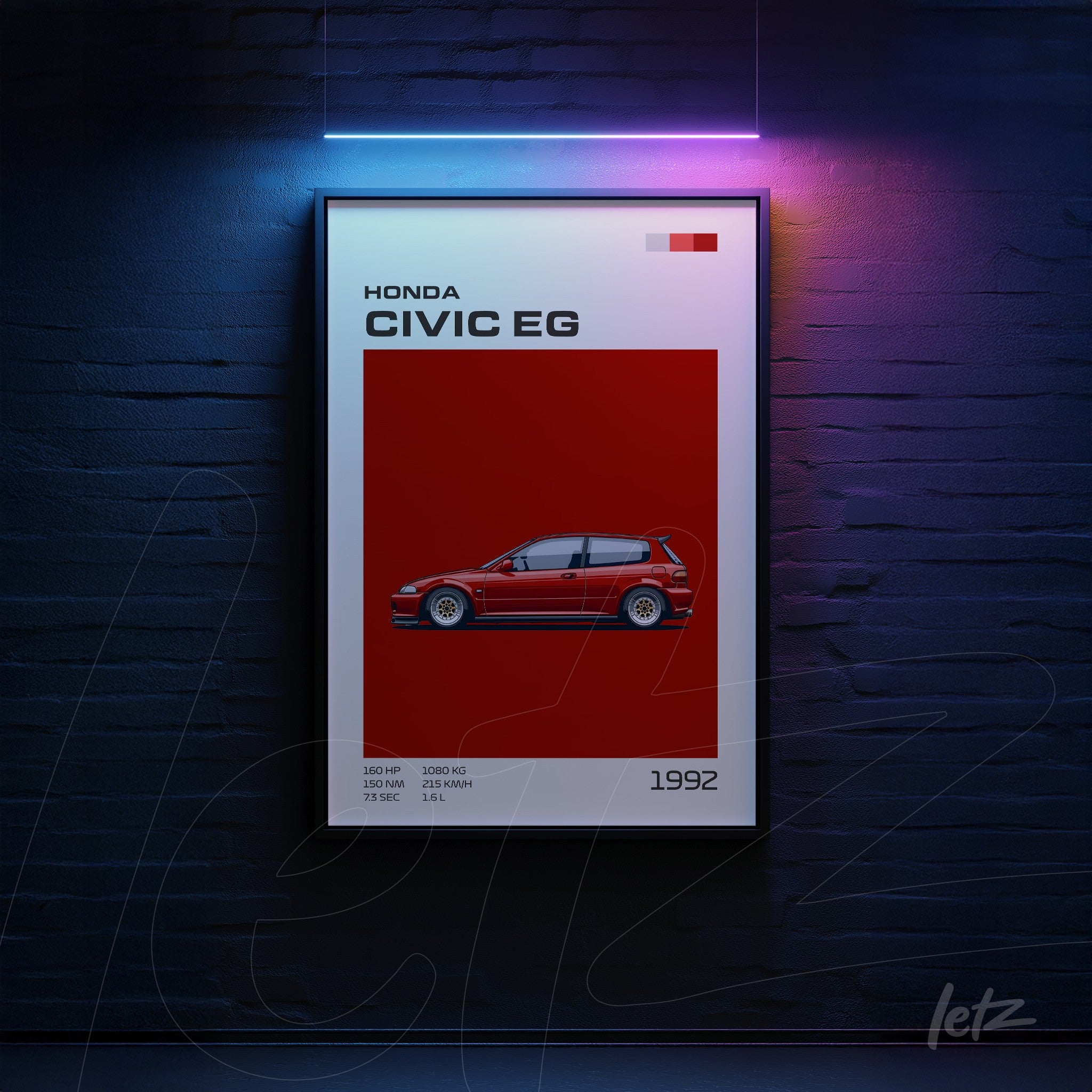 framed graphic art of Honda Civic EG on red background with sleek frame