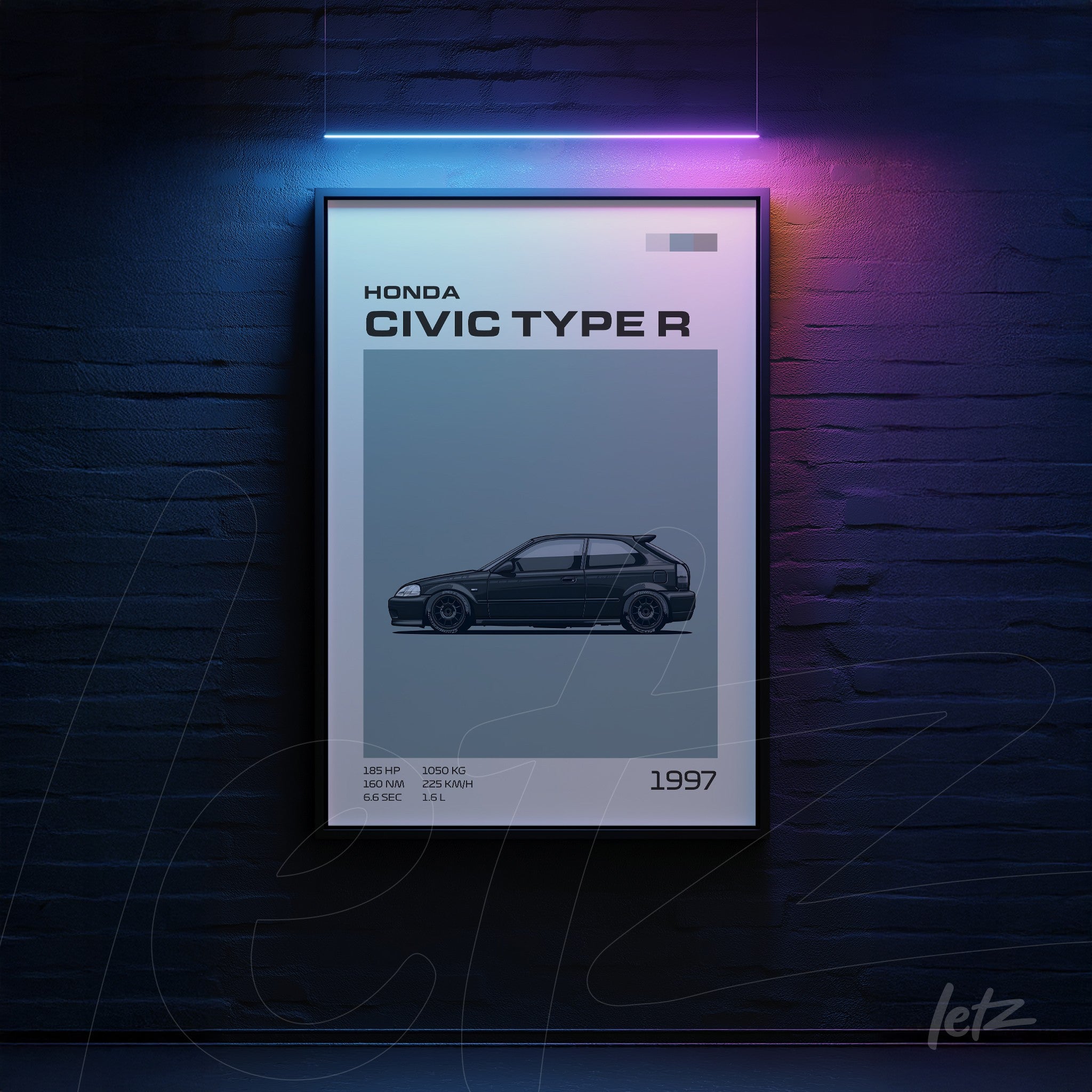 framed wall art featuring an illustration of the 1997 Honda Civic Type R on a dark background
