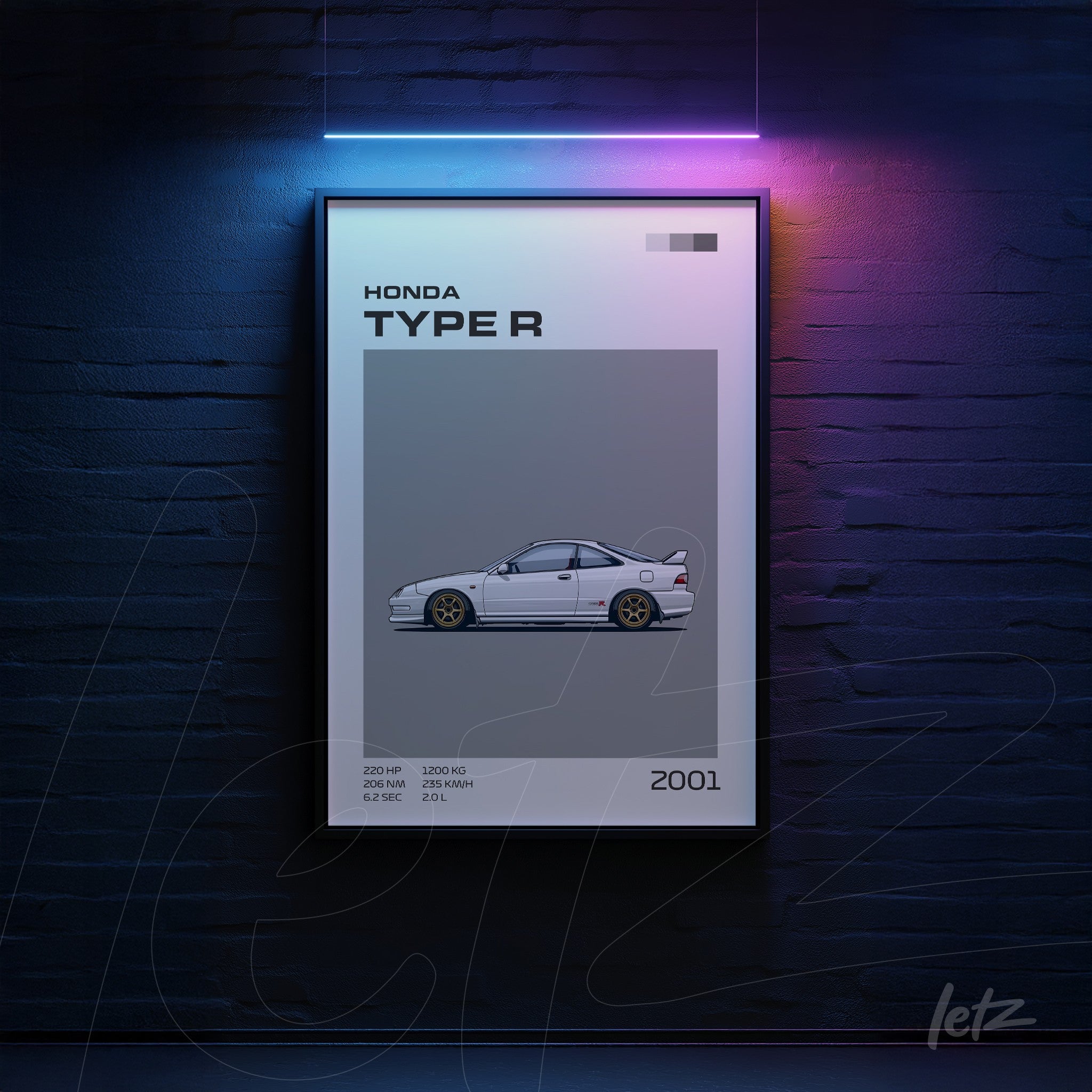 digital art print of Honda Type R car in black frame with gray background
