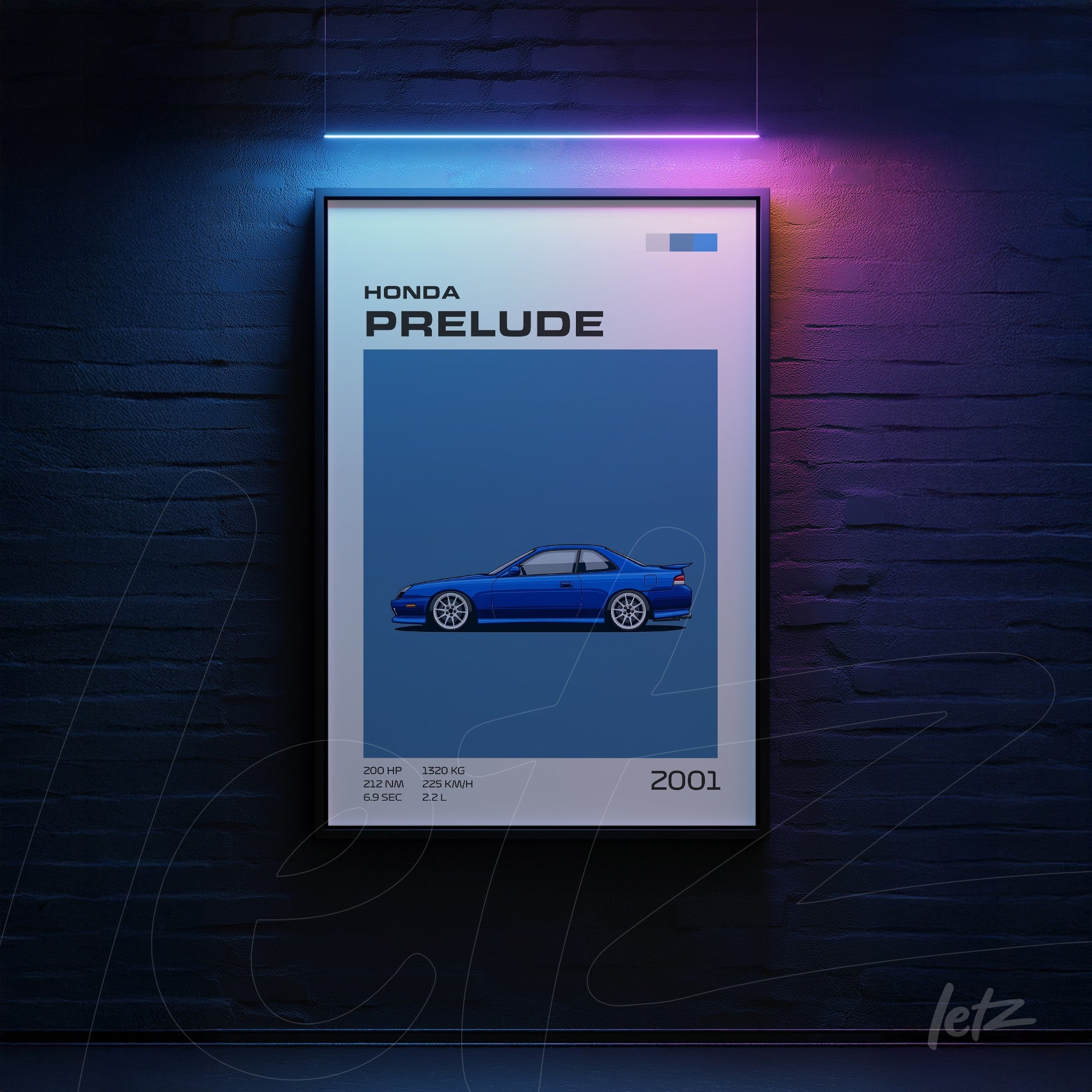 framed artwork of a stylized Honda Prelude car in light blue background with black frame