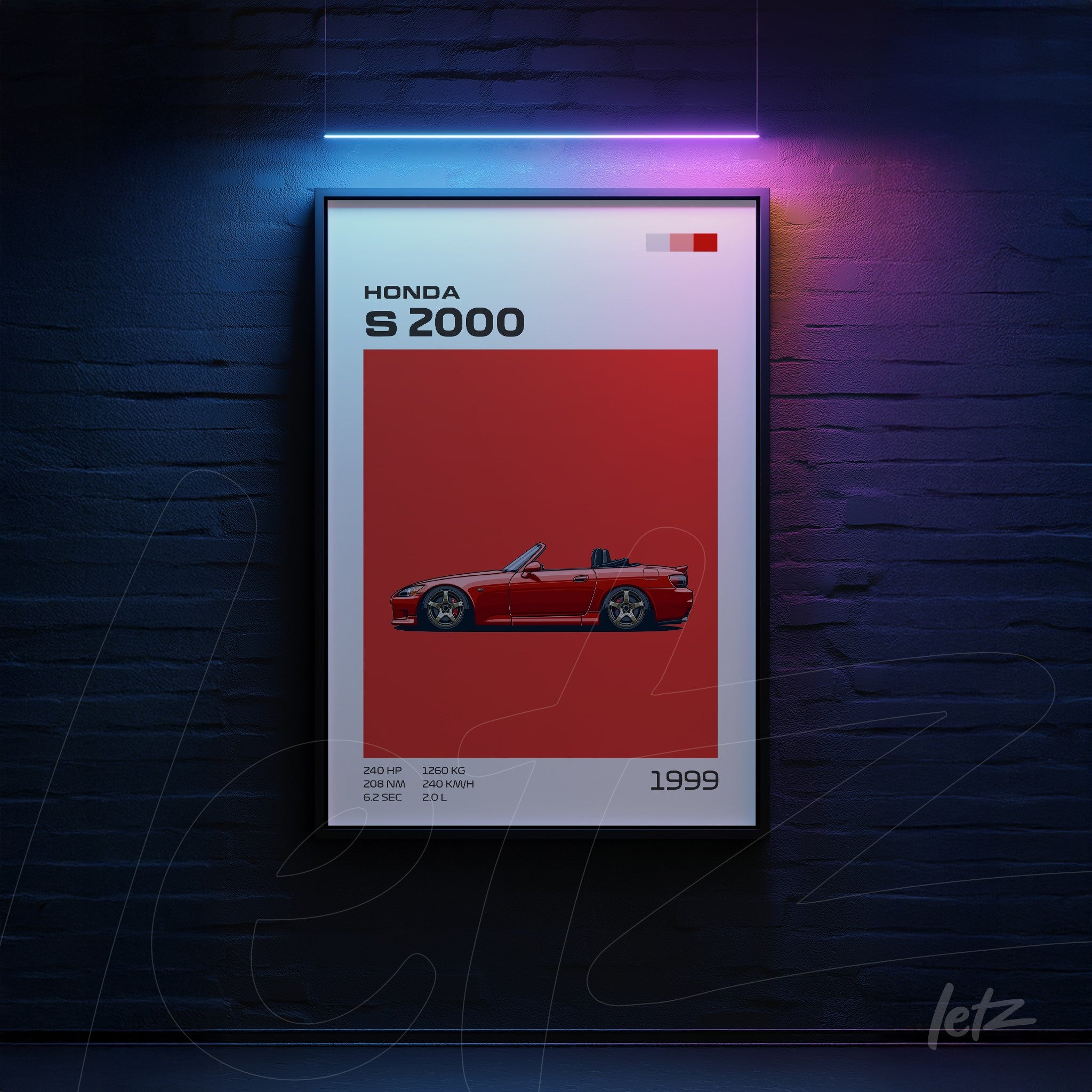 framed wall art featuring the Honda S2000 on vibrant red background with black frame
