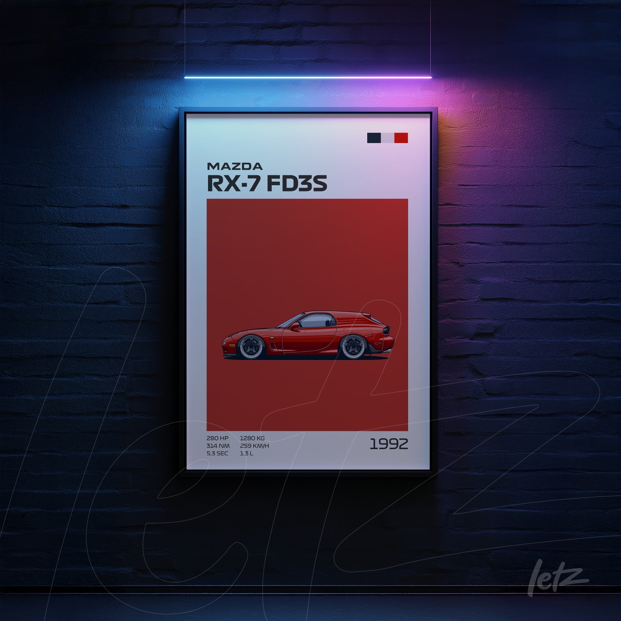 framed wall art featuring a mazda rx-7 fd3s in red on a solid red background with black and white graphic details