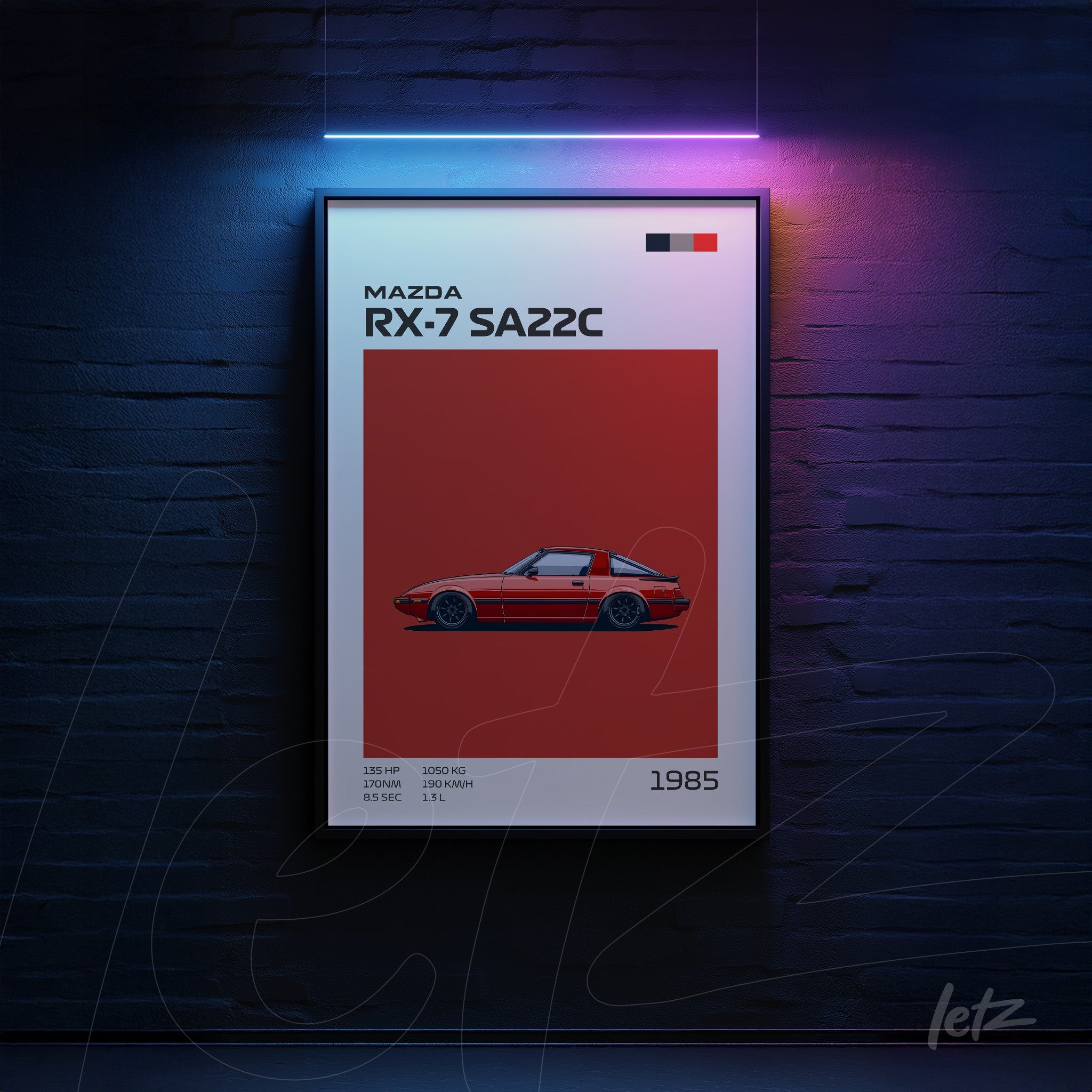 framed wall art featuring a sporty Mazda RX-7 SA22C illustration on a red background