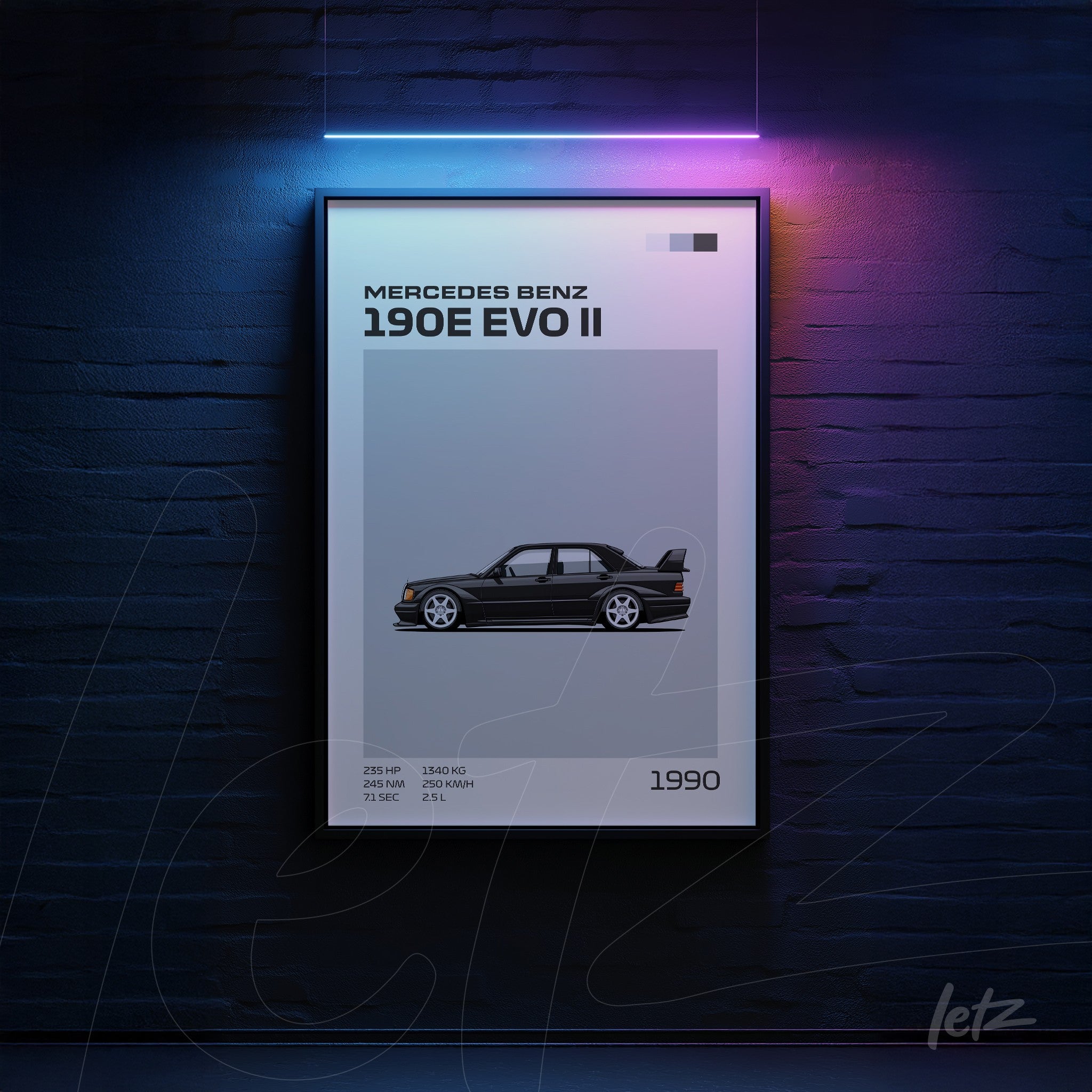 framed digital artwork of the Mercedes Benz 190E EVO II on dark blue wall