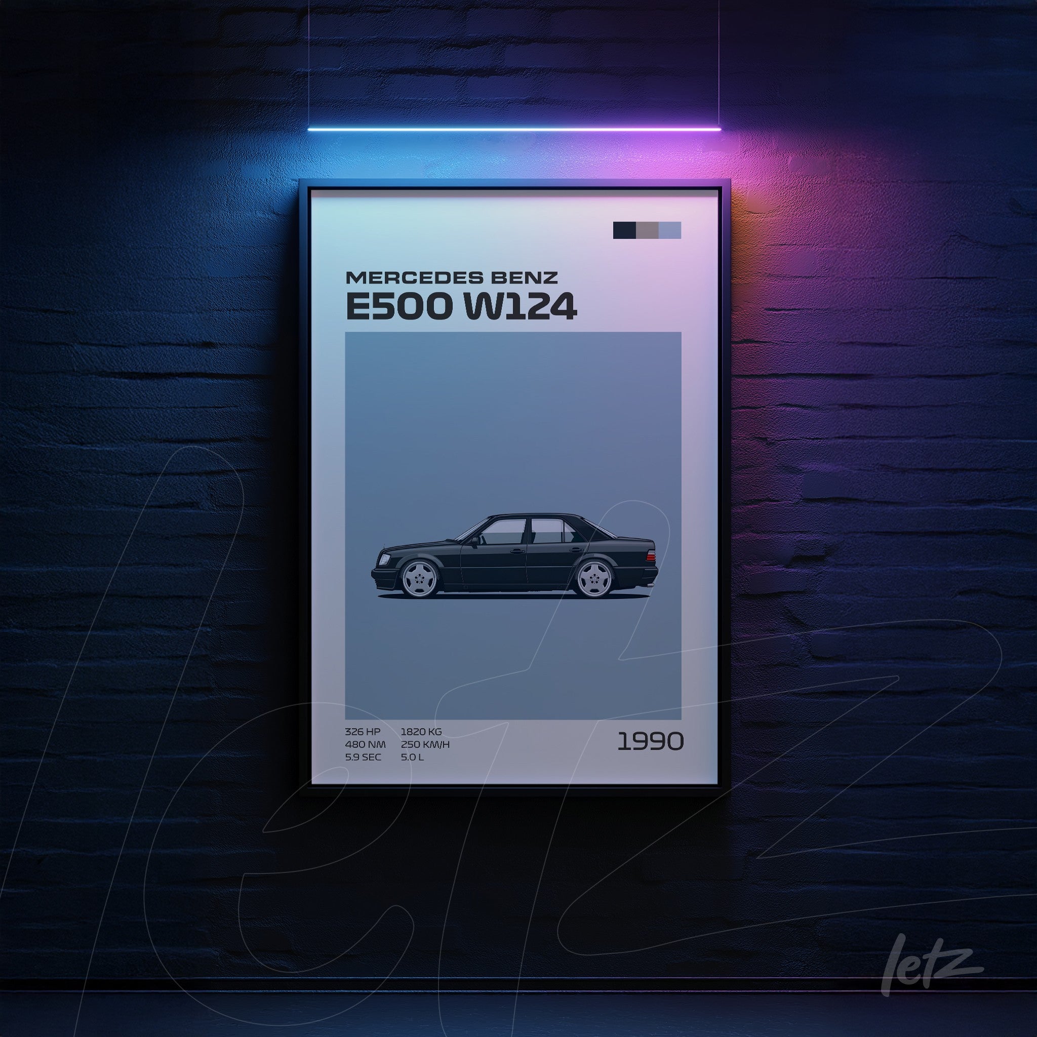 framed wall art featuring digital illustration of Mercedes Benz E500 W124 in black frame against dark blue background