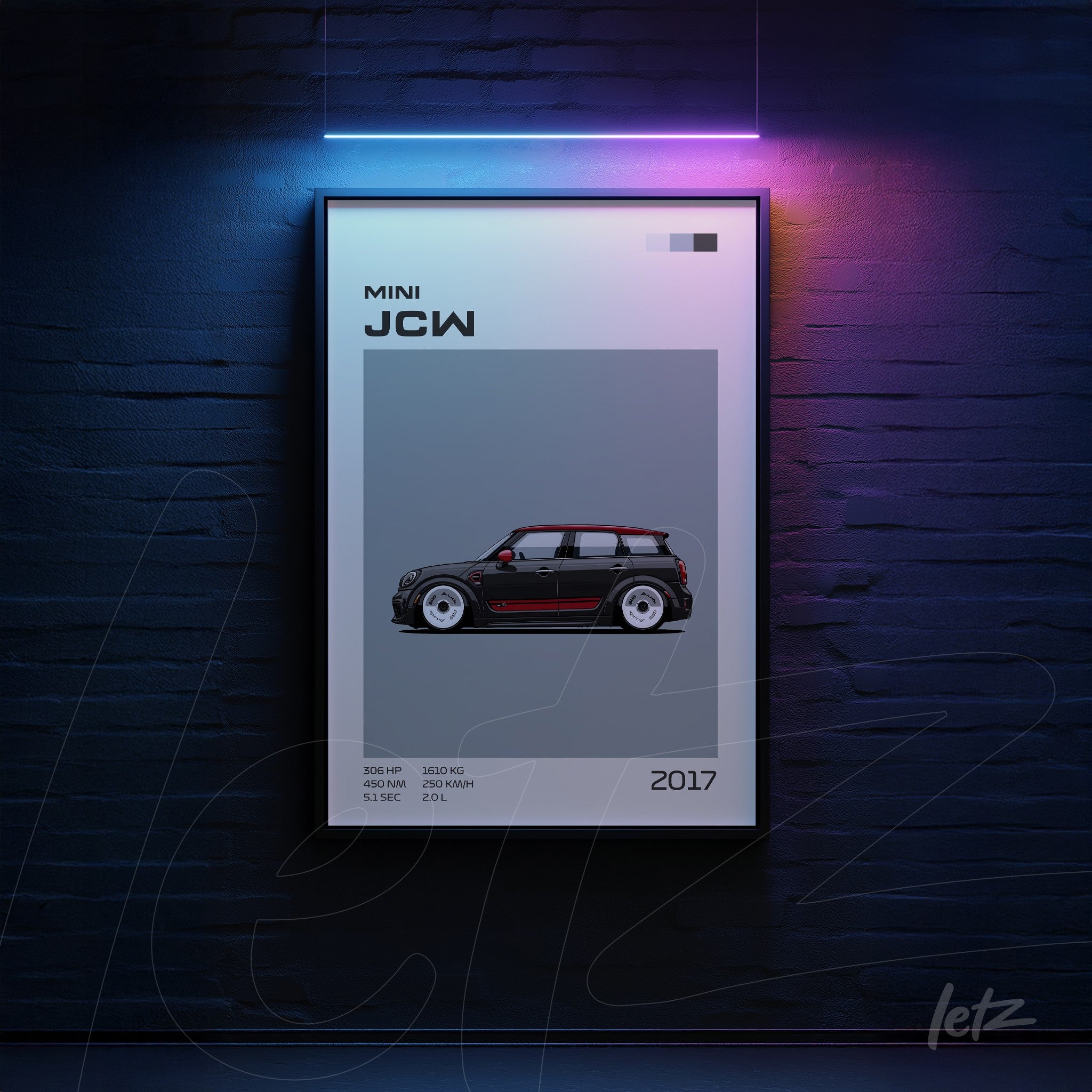 framed artwork of Mini JCW car illustration on dark blue wall