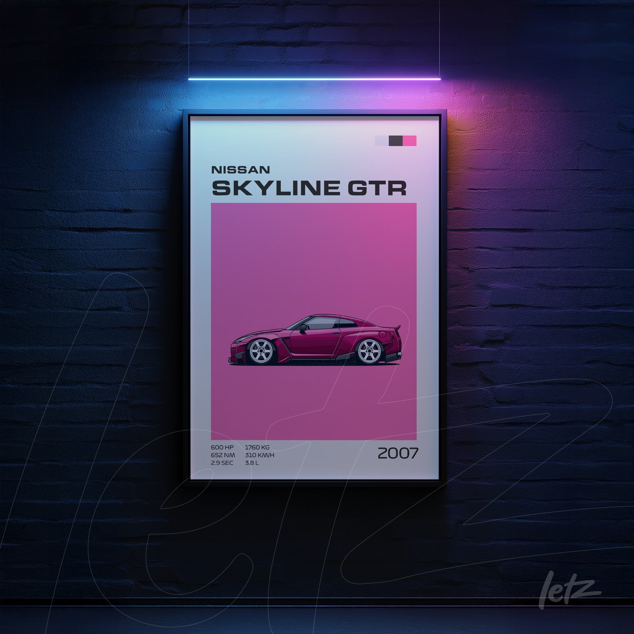 framed digital artwork of Nissan Skyline GTR in pink background with black frame