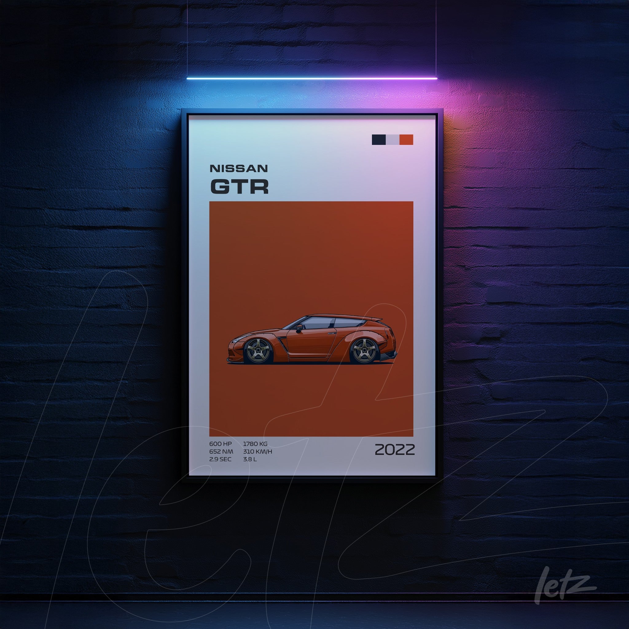 framed wall art featuring modern illustration of Nissan GTR car on orange background