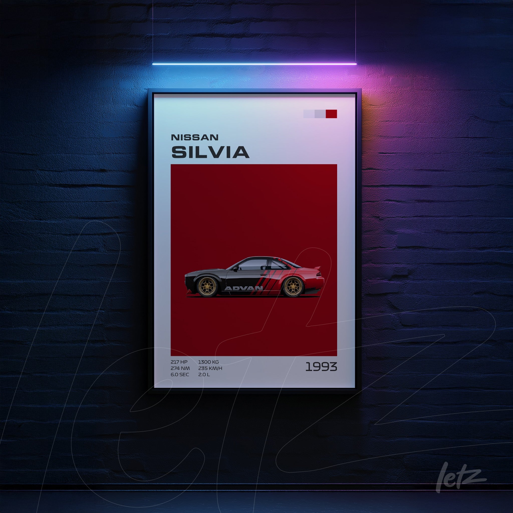 framed wall art of a Nissan Silvia car illustration on a red background with a black frame
