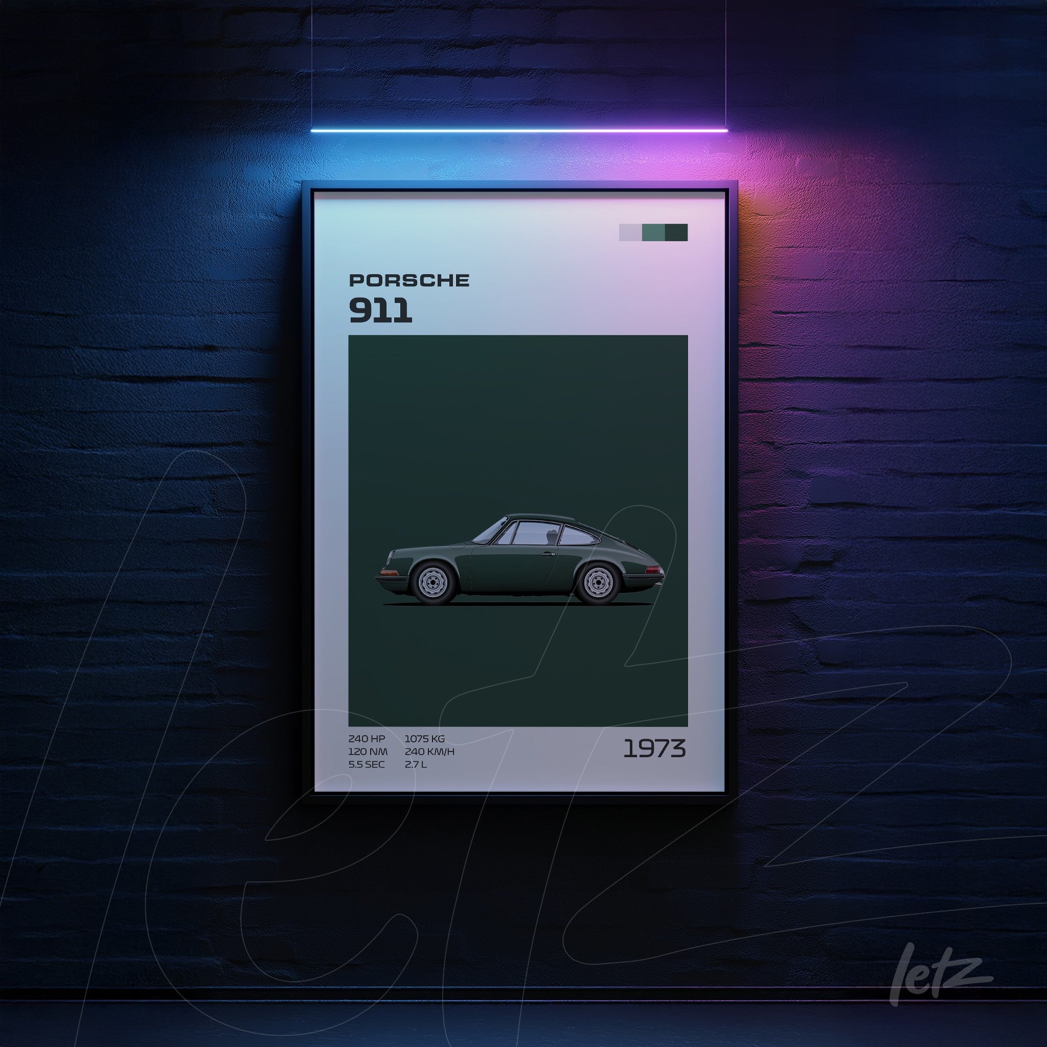 minimalist wall art featuring illustration of Porsche 911 on dark green background with black frame