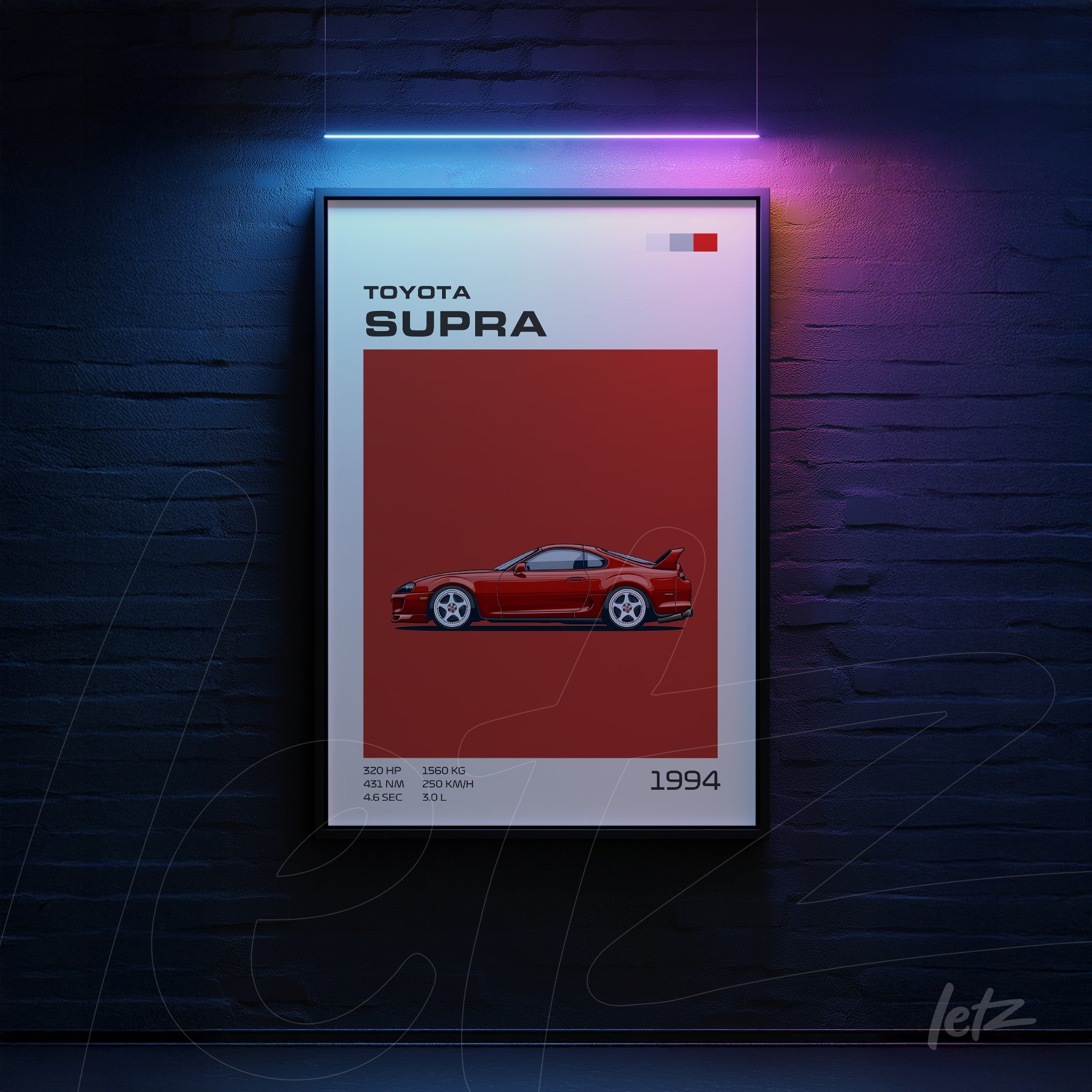 framed artwork featuring a digital illustration of a red Toyota Supra with a minimalist design on a red background