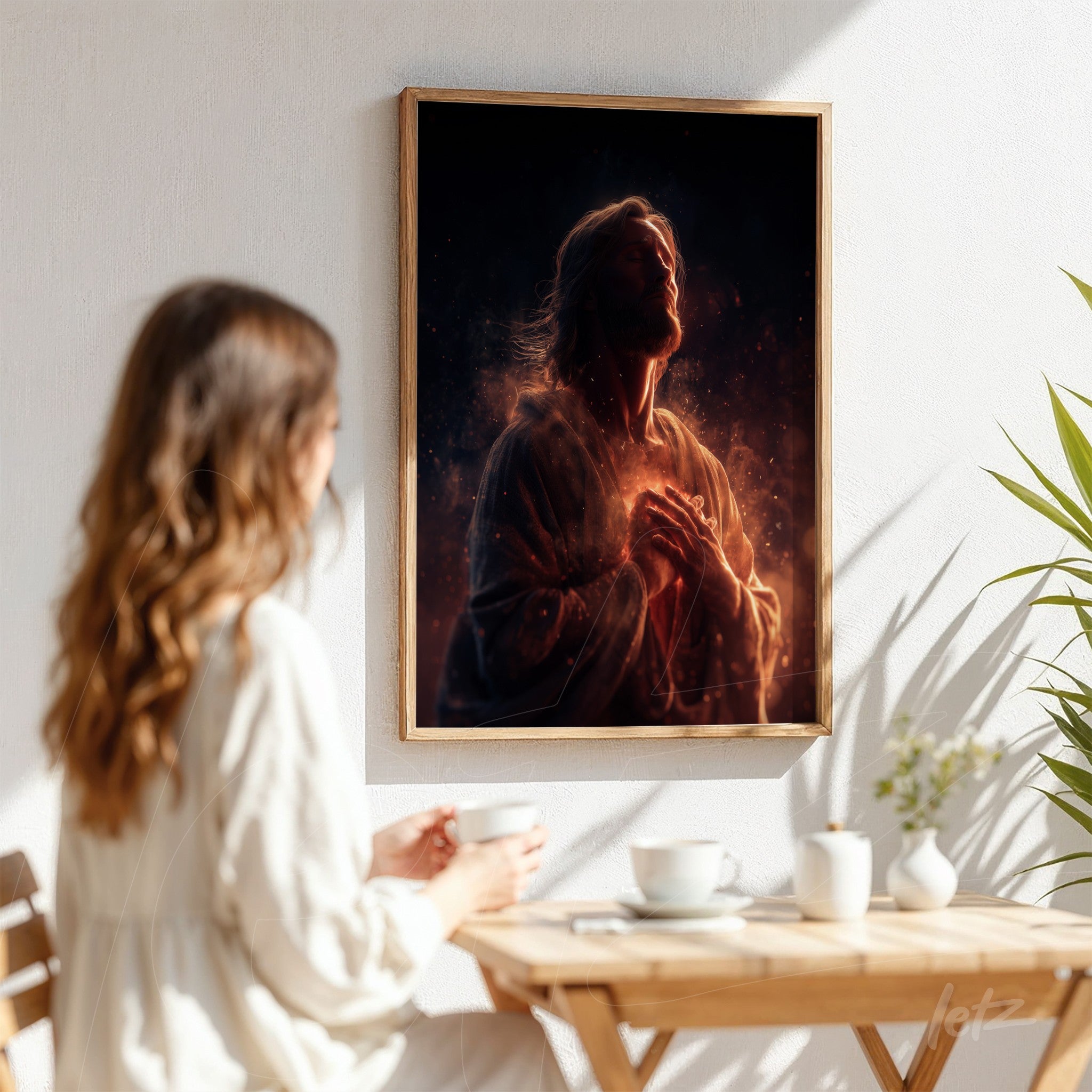 framed religious art featuring a contemplative figure in dark background with light effects, displayed against a white wall