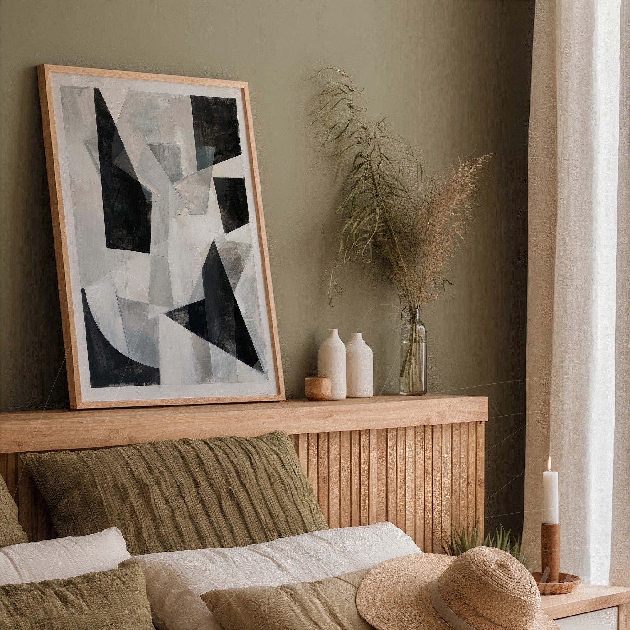 modern abstract art print in light wood frame displayed above a bed headboard with green and white cushions