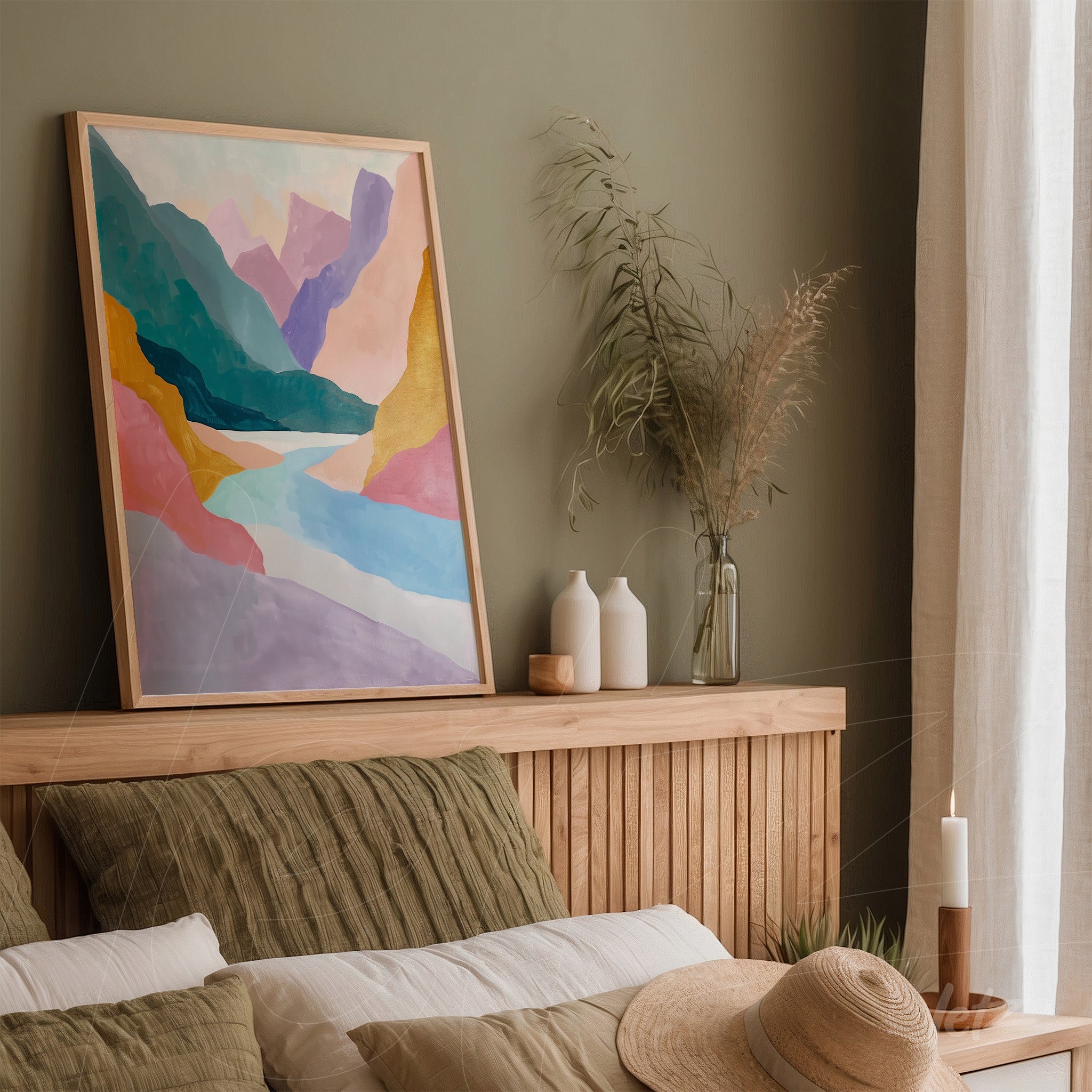 abstract artwork in soft shades of pink, blue, and yellow in a light wood frame displayed on a shelf beside decorative vases and plants