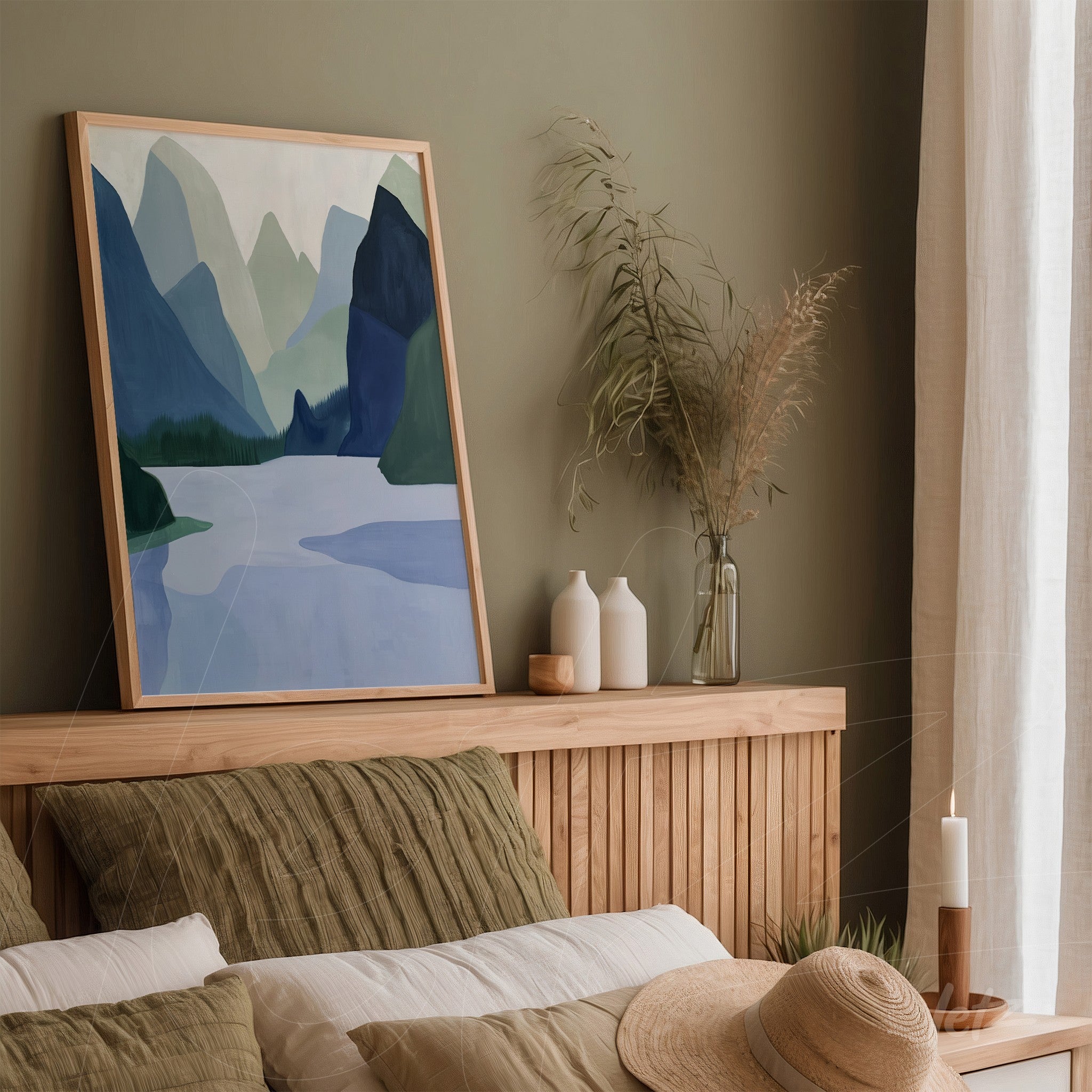 abstract landscape wall art in light wooden frame displayed above a light wood headboard with neutral toned bedding