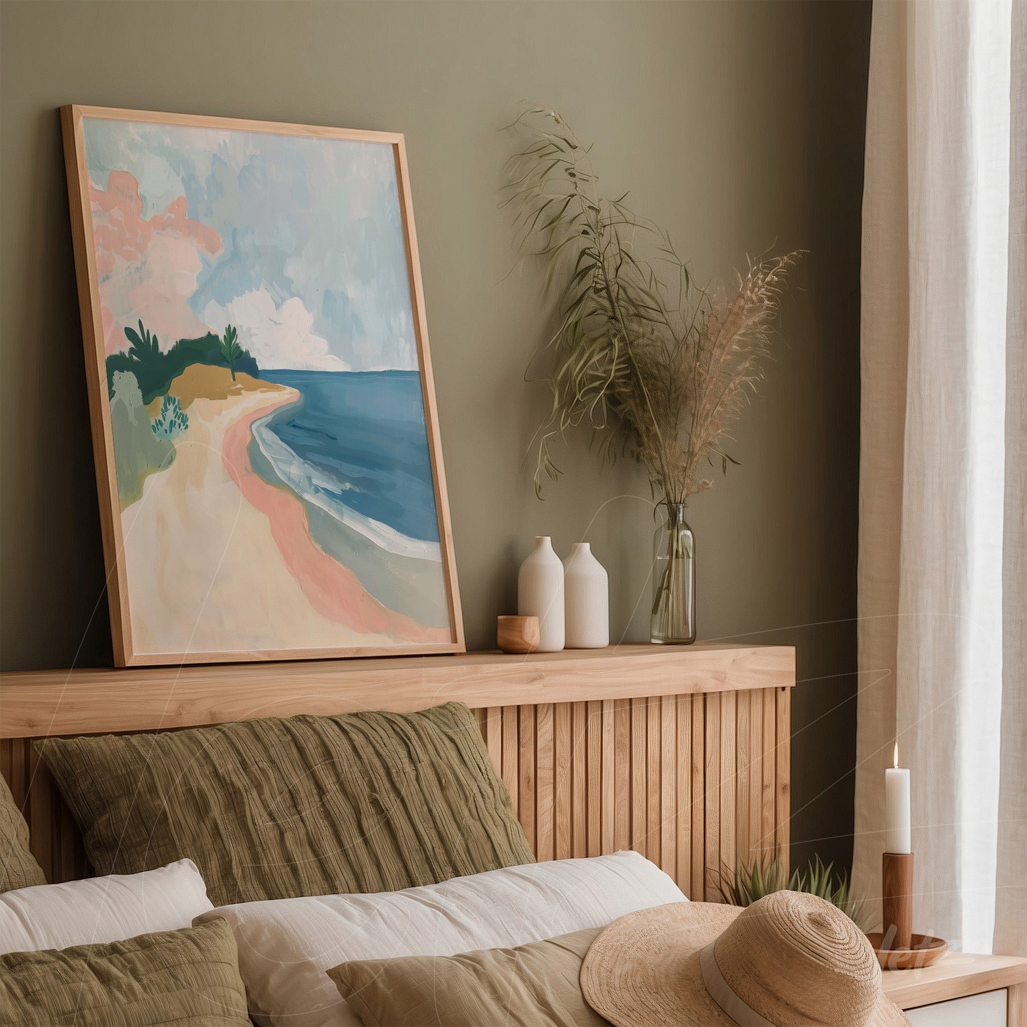 framed artwork of a beach landscape above a wooden bed headboard accompanied by white vases in a cozy interior setting
