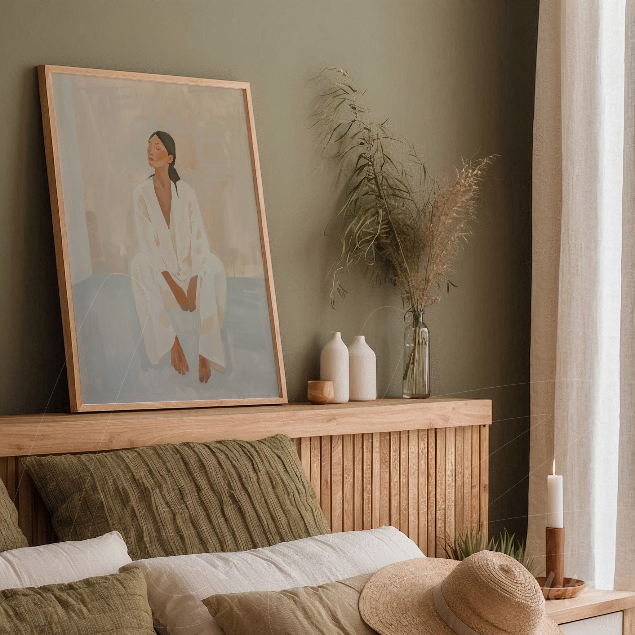 framed abstract art of a seated woman on green wall