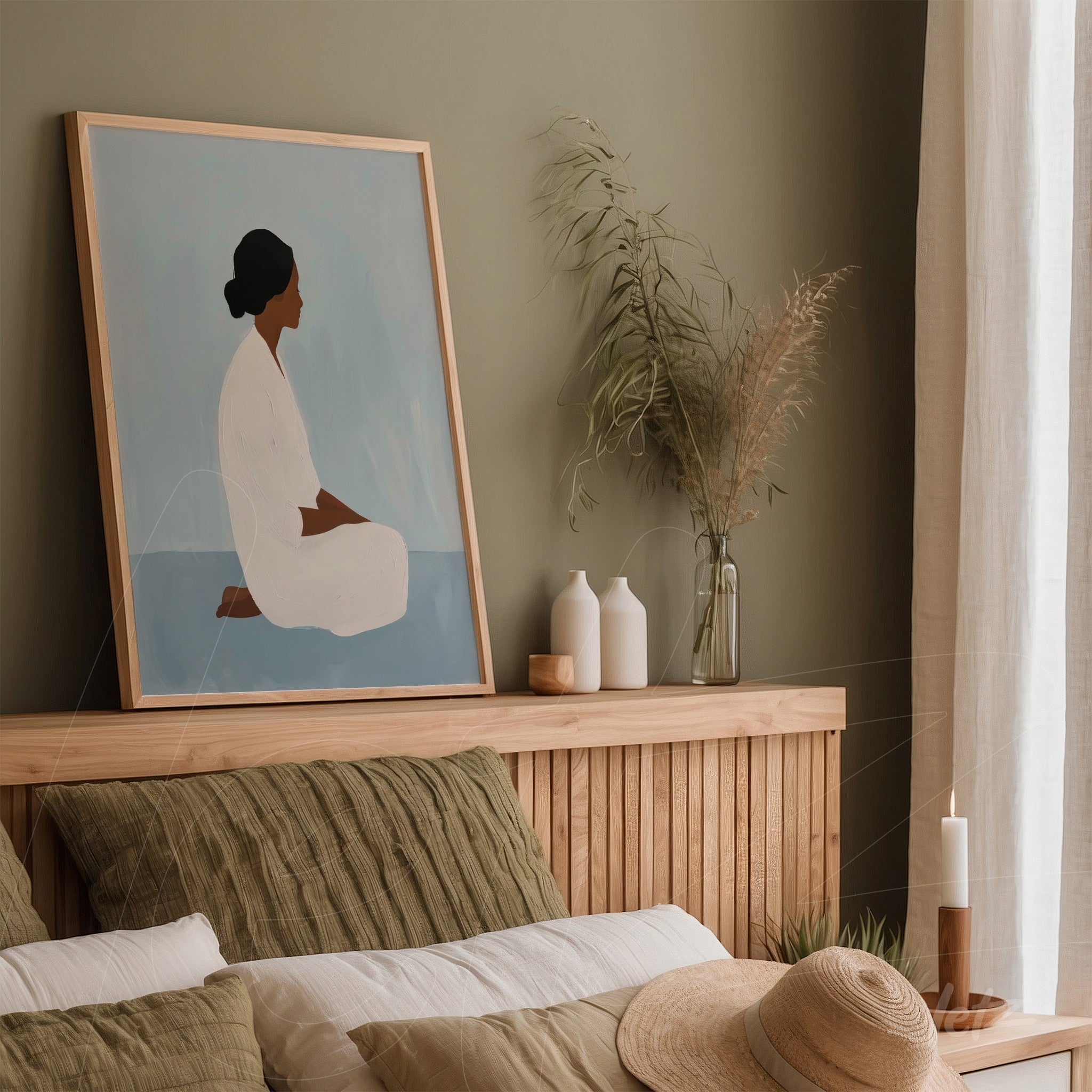 modern art framed depiction of a seated woman in a bedroom setting with green walls and light wood furniture