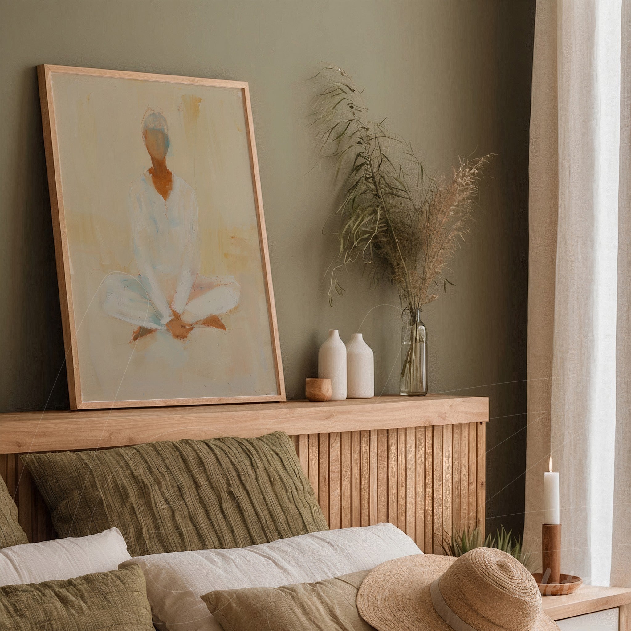 framed abstract art of a seated figure in light wood frame displayed in a cozy room