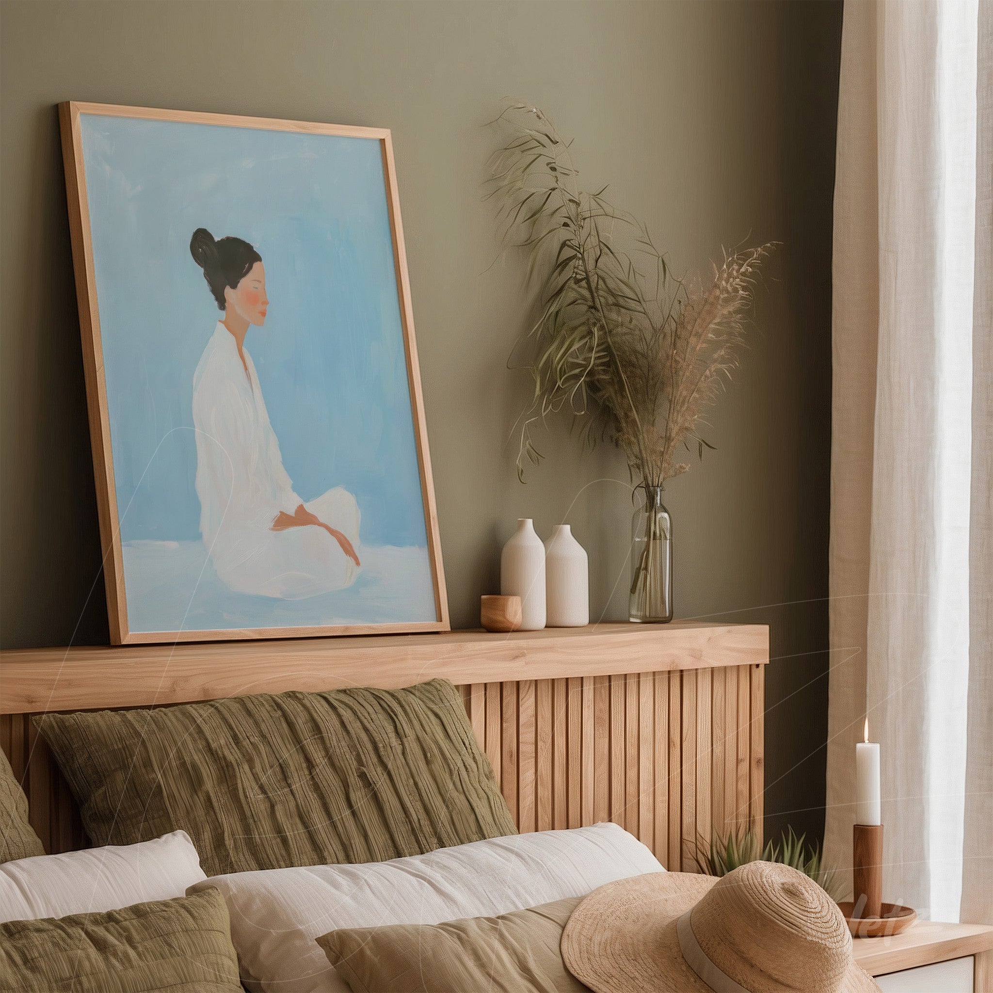framed portrait of a woman in minimalist style with light wooden frame above bed headboard in a soft ambiance