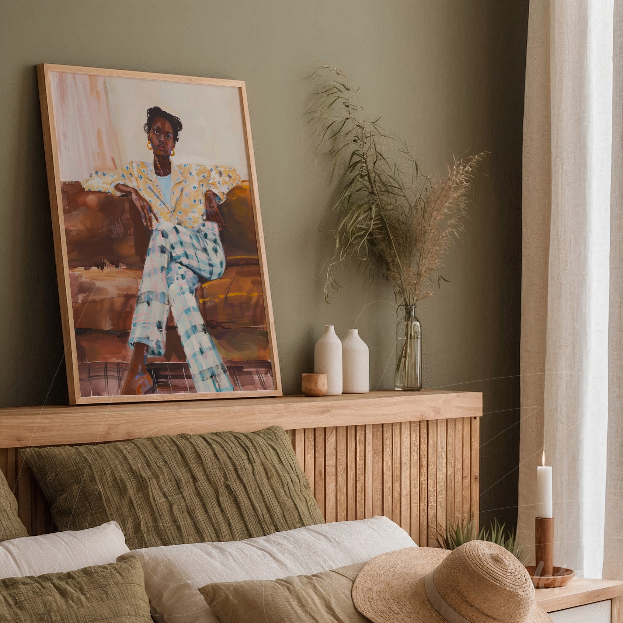 framed artwork of a seated woman in light wood frame, displayed on a wooden headboard with green bed linens