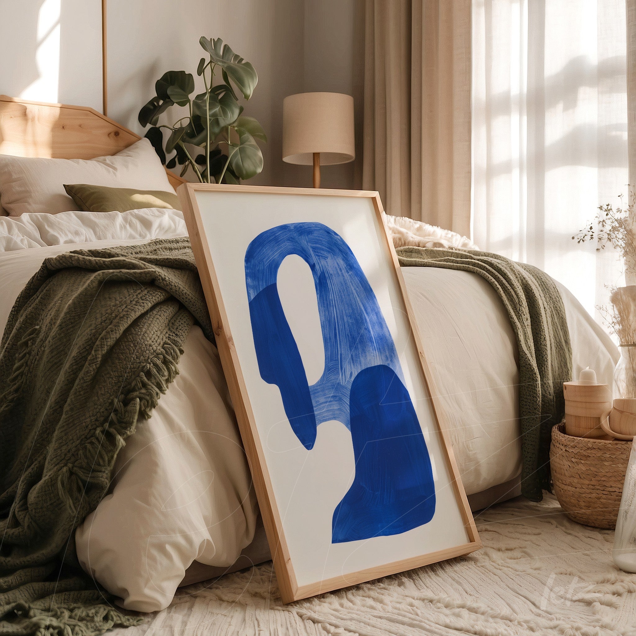 abstract wall art in blue and white framed in light wood leaning against a bed with green bedding