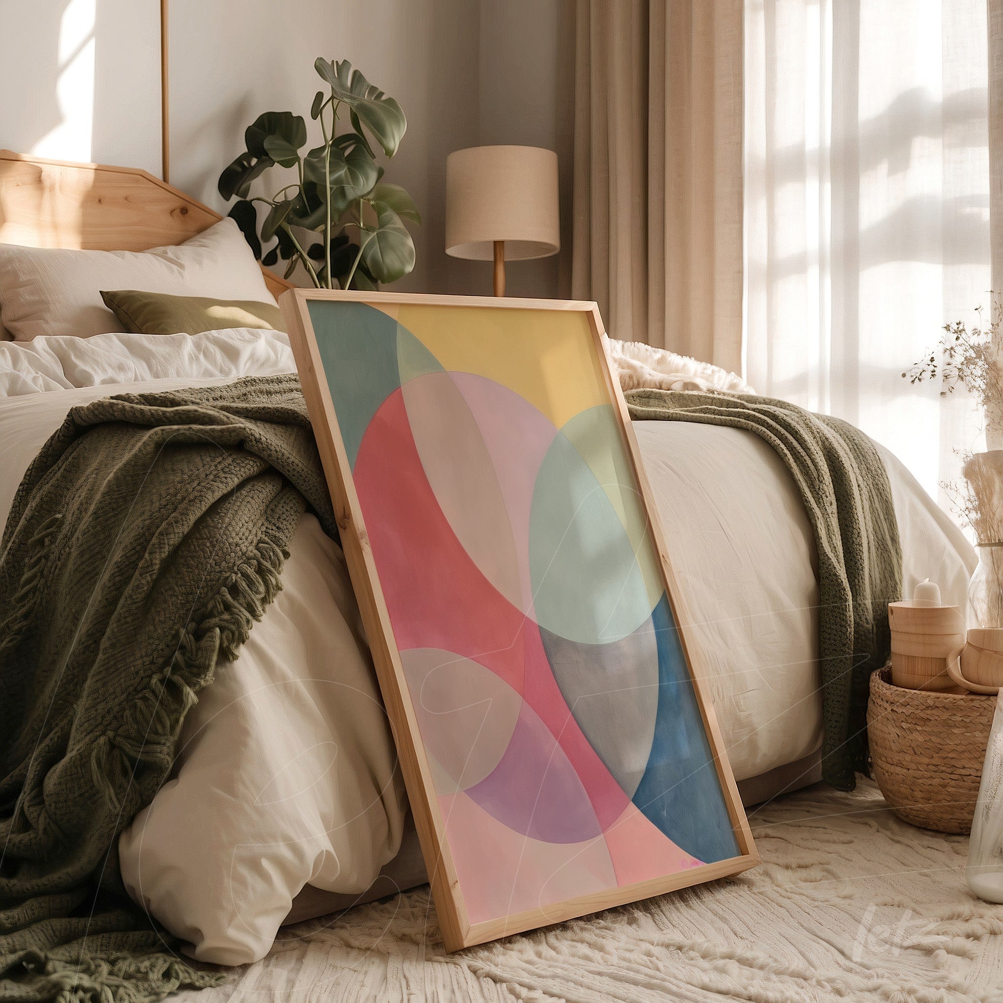 framed abstract art in pastel colors featuring circular shapes, leaning against a bed with light bedding and green blanket