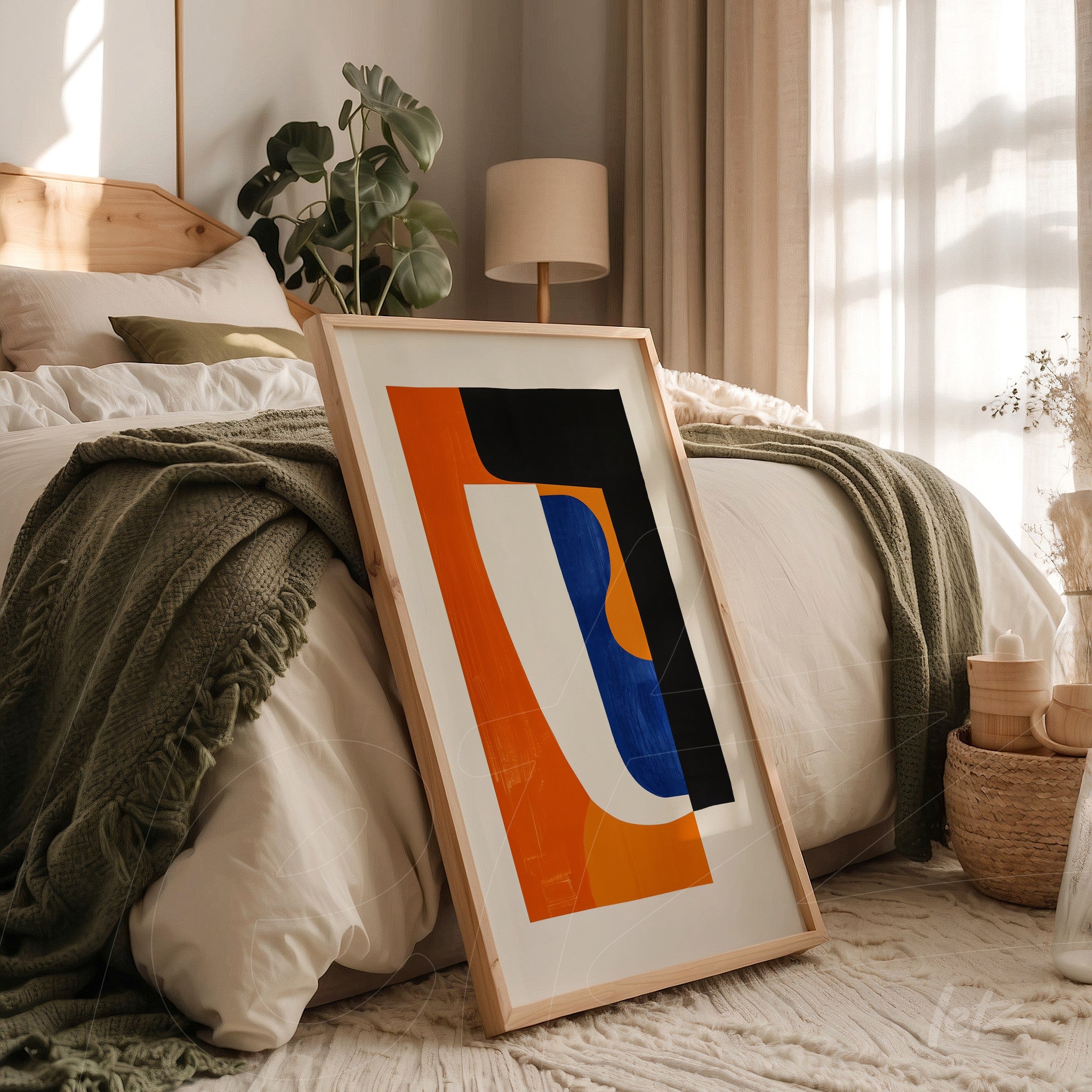 framed abstract art featuring orange, blue and black shapes leaning against a bed with a white duvet and green throw blanket