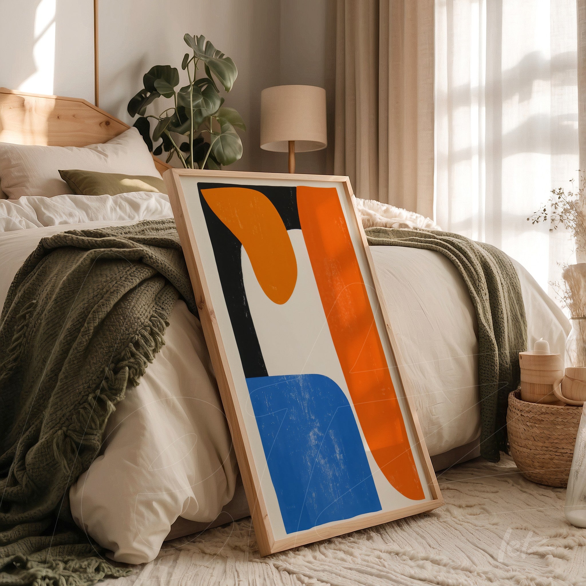 framed abstract art piece in vibrant shades of orange, blue, and black leaning against a bed with light-colored bedding