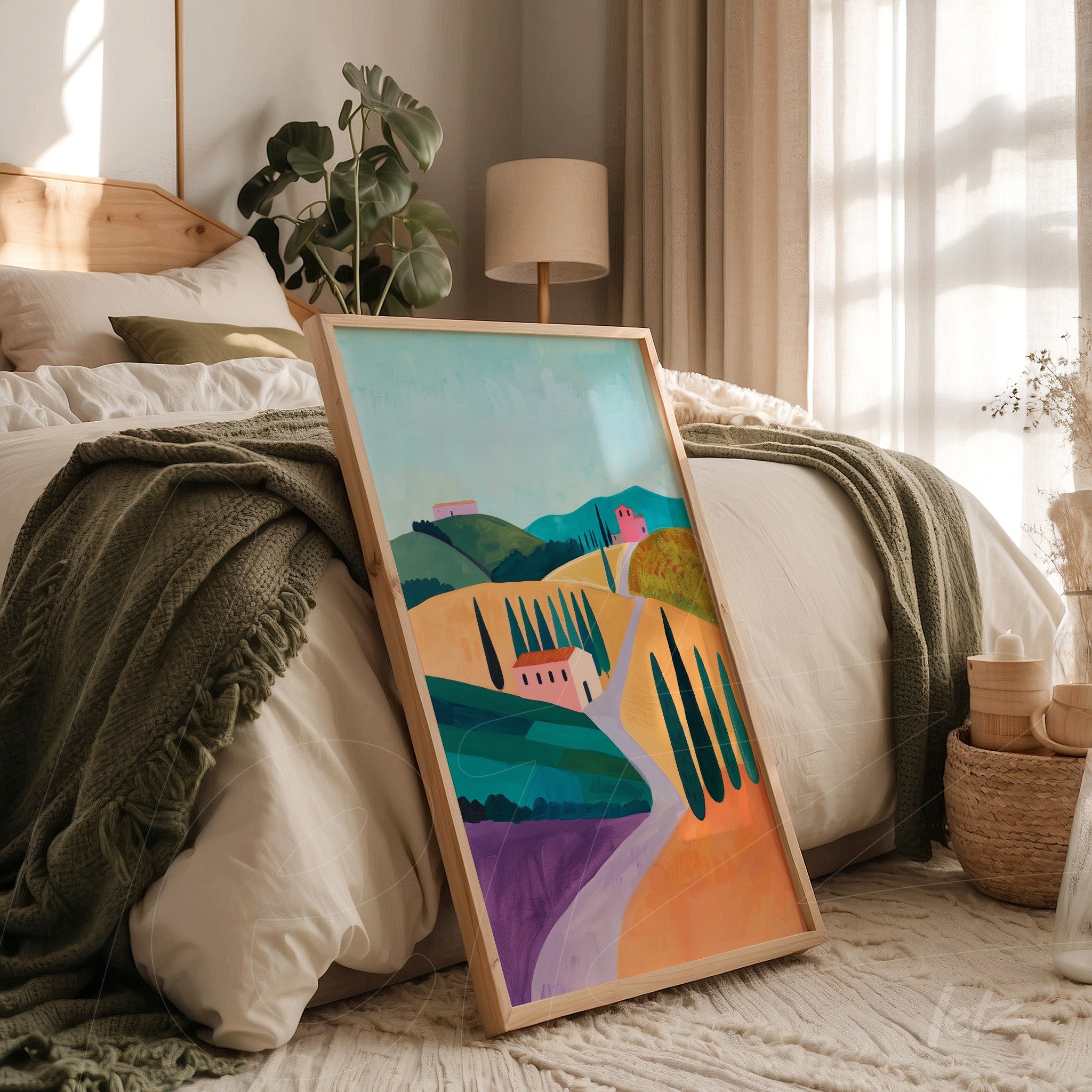 framed digital art of a countryside landscape with light wooden frame leaning against a bed in a cozy room