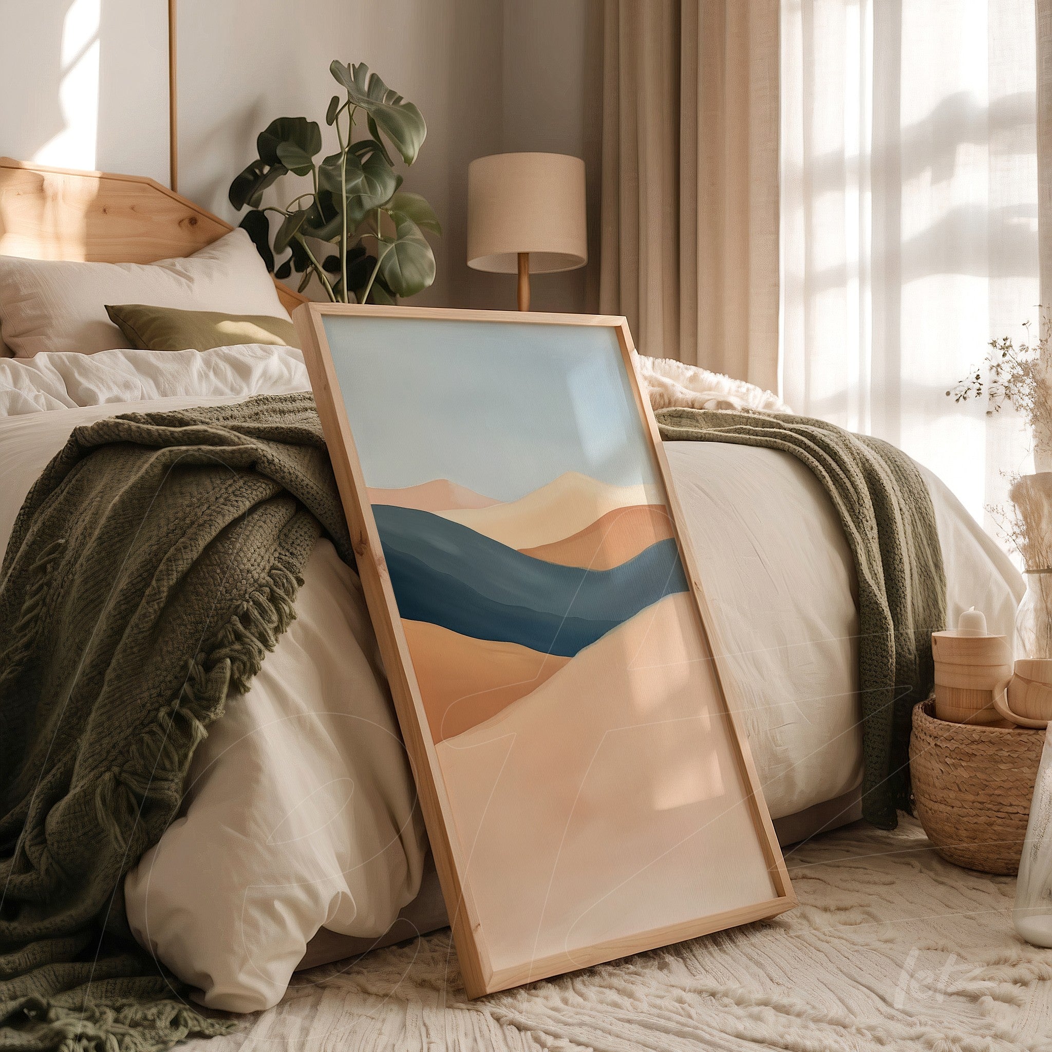 framed abstract art piece in shades of blue and beige displayed in a softly decorated bedroom with a bed and cozy accents