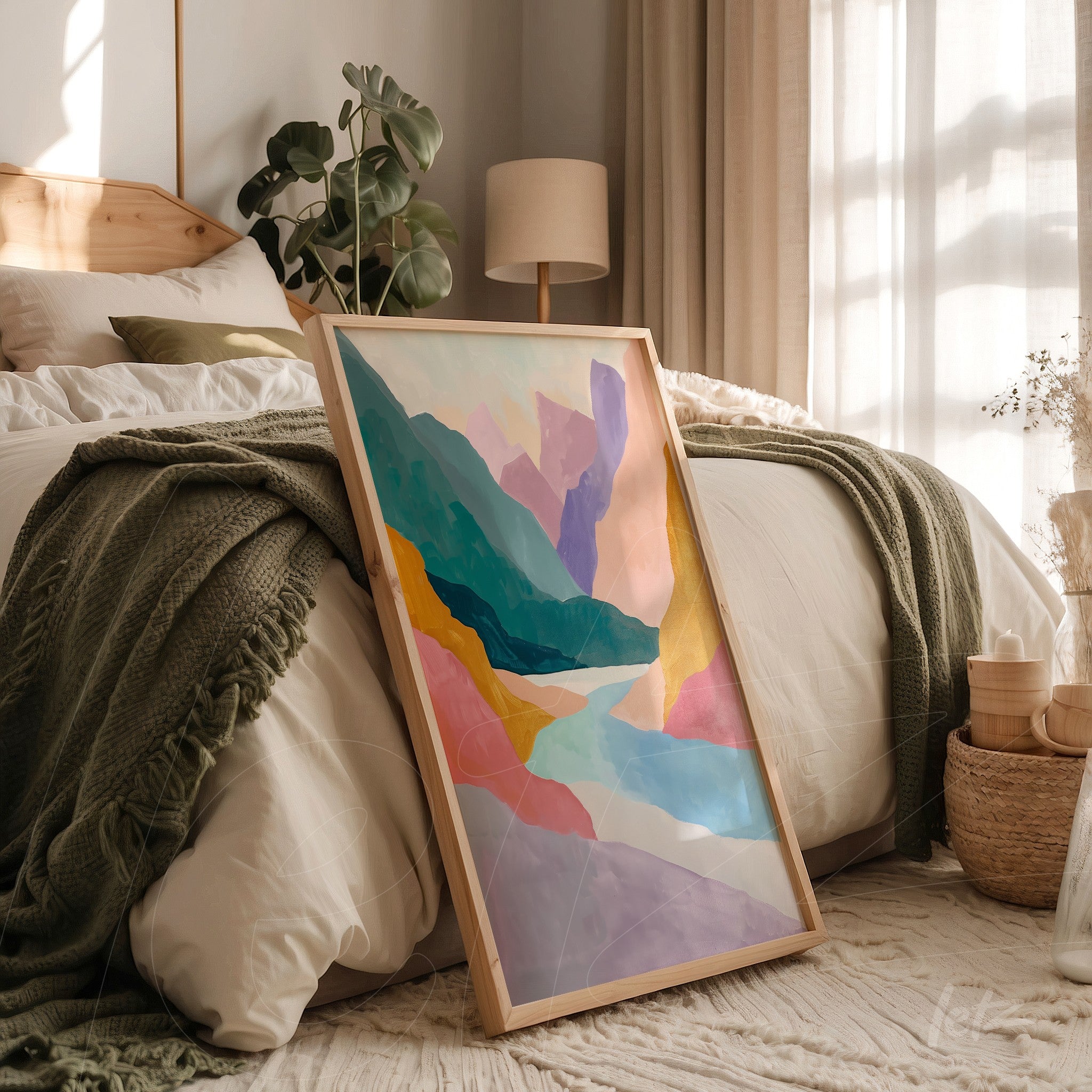 framed abstract artwork in light wood frame displayed in a cozy bedroom setting with a bed and green blanket