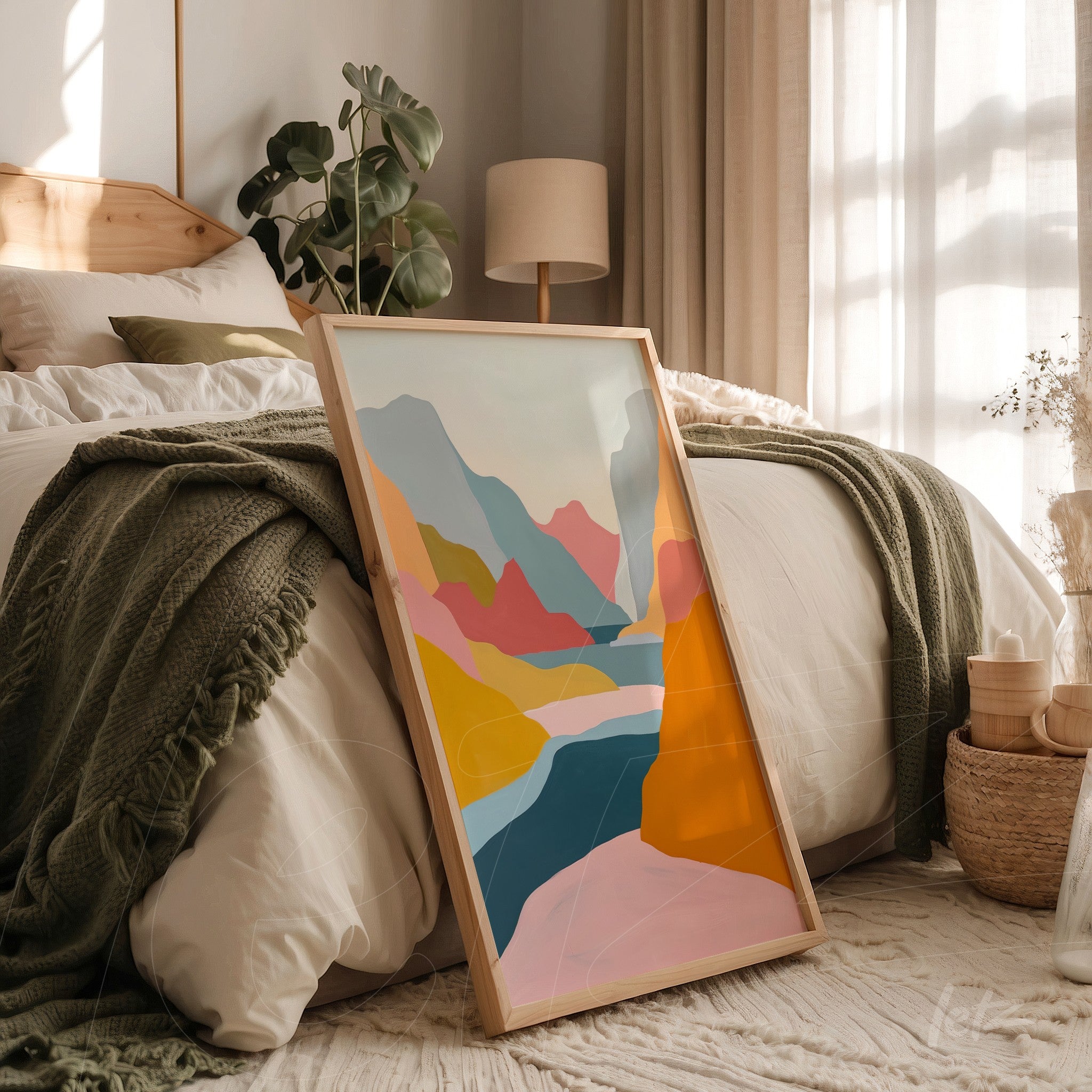 framed abstract art featuring shades of pink, blue, and yellow leaning against a bed with green bedding