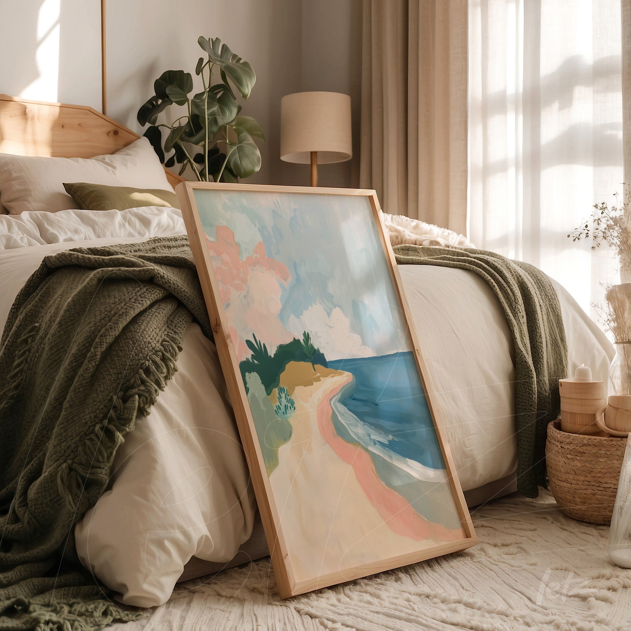 framed abstract artwork of a beach in a light wood frame leaning beside a bed in a sunlit bedroom