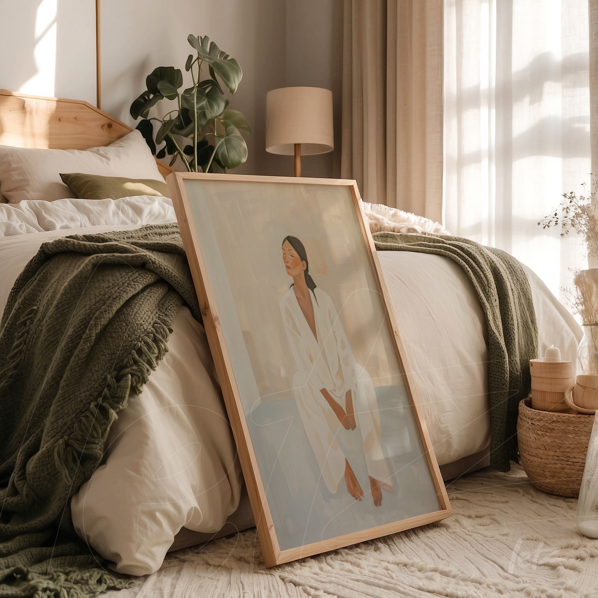 framed minimalist art of a woman sitting in a white dress leaning next to a bed in a styled bedroom