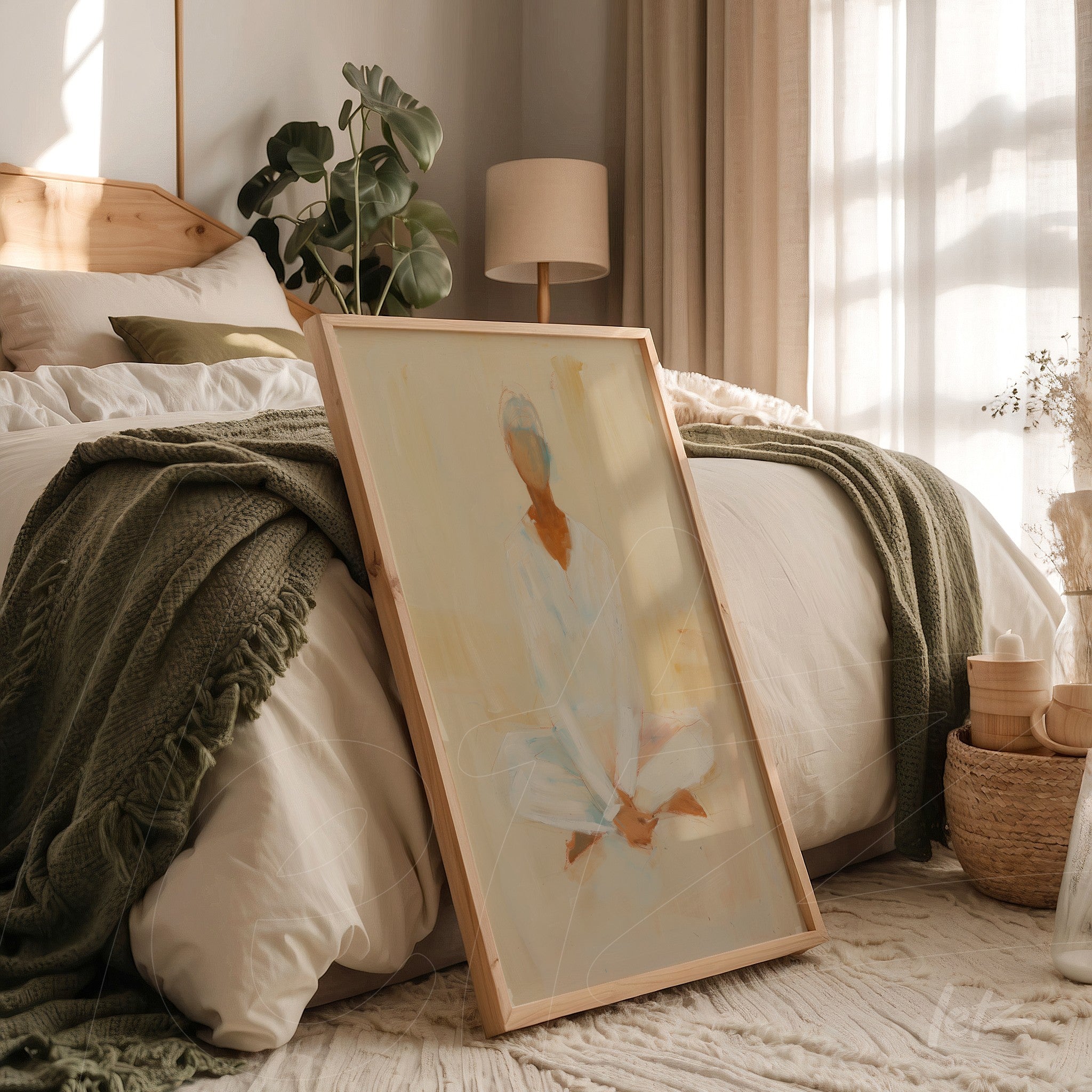 framed artwork featuring an abstract figure of a woman in a meditation pose, displayed in a bedroom with a canopy bed and minimalist decor