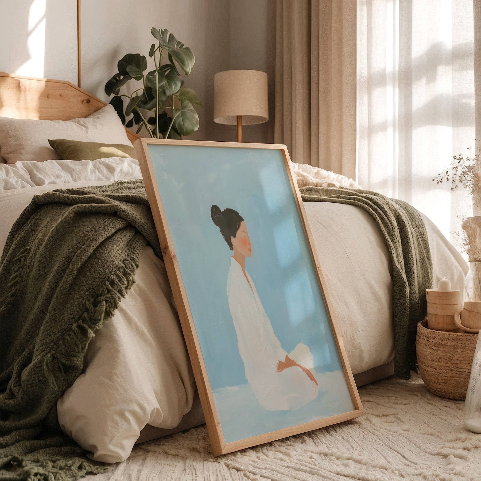 framed artwork of a seated woman on a blue background, propped against a bed in a sunlit minimalist room