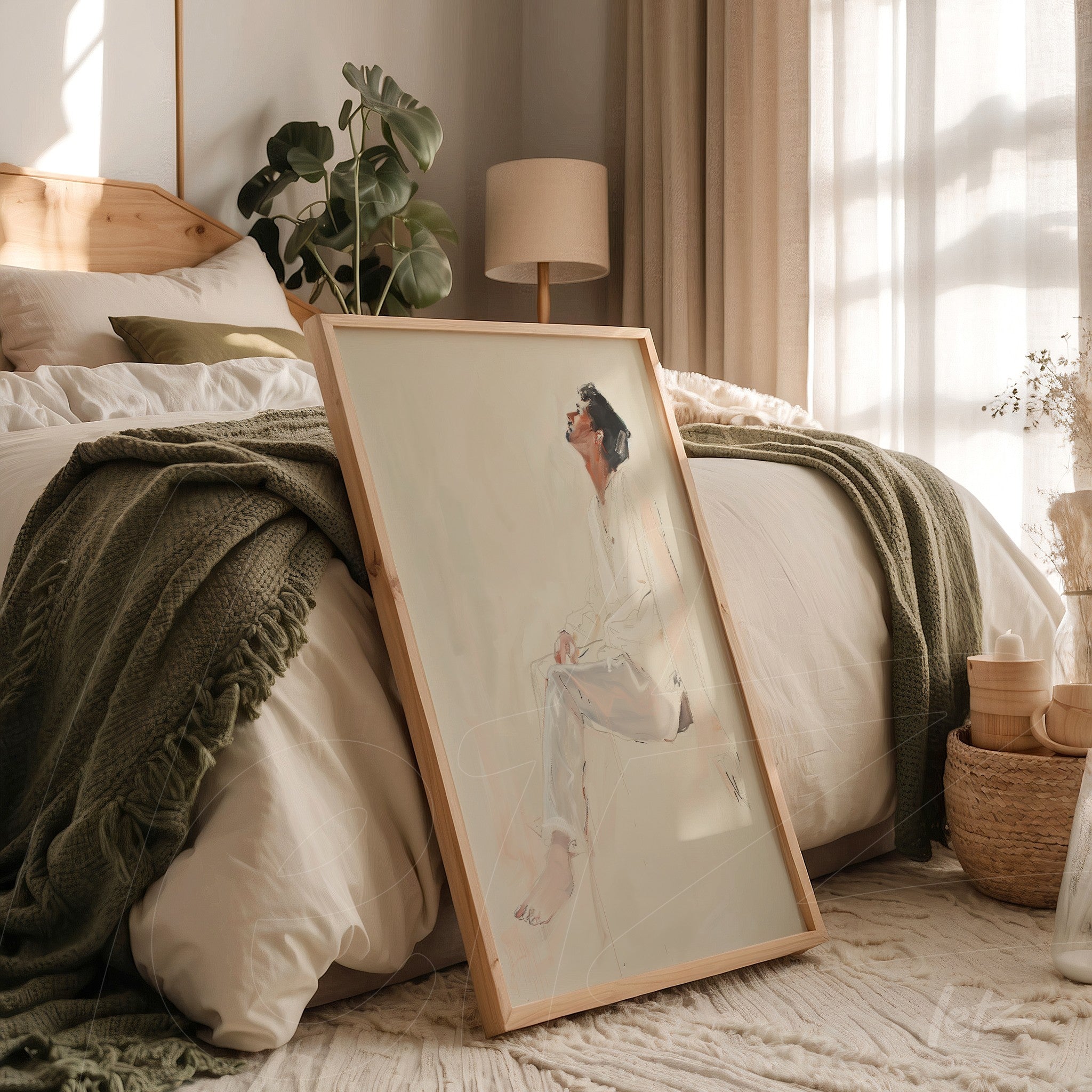 framed minimalist artwork of a seated female figure in light wood frame leaning against a bed with green throw and soft bedroom lighting