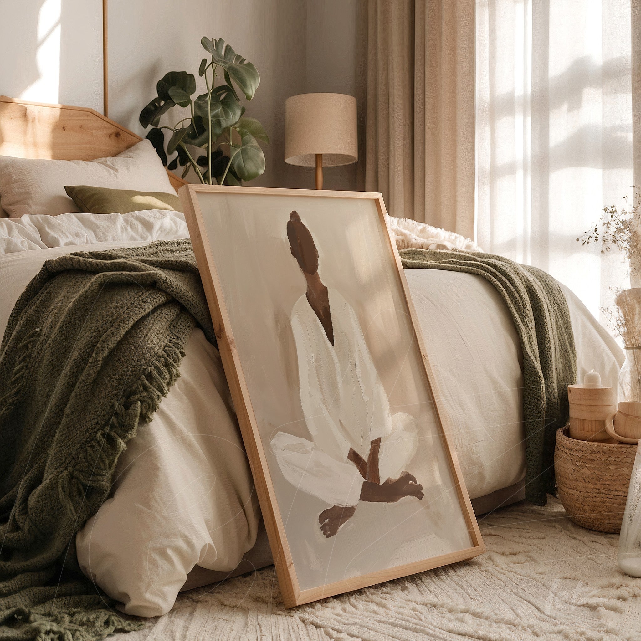 minimalist wall art featuring a seated figure in white clothing in a wooden frame leaned against a cozy bed with soft bedding