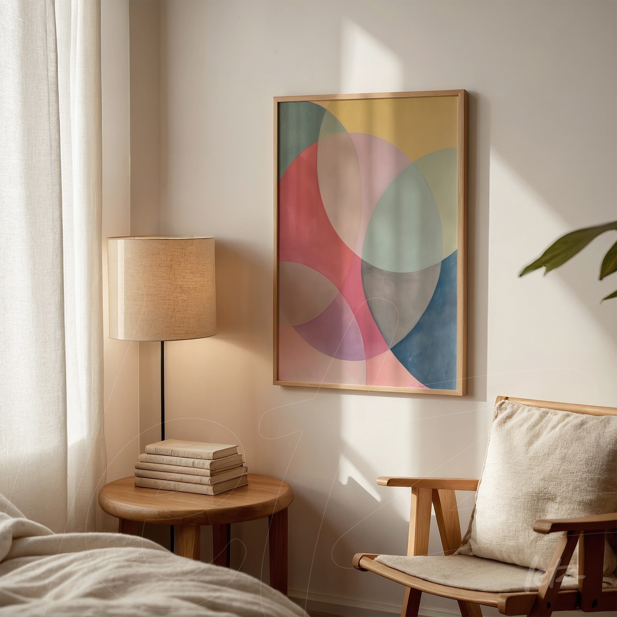 framed abstract art in pastel colors with light wood frame displayed on a light wall next to a floor lamp