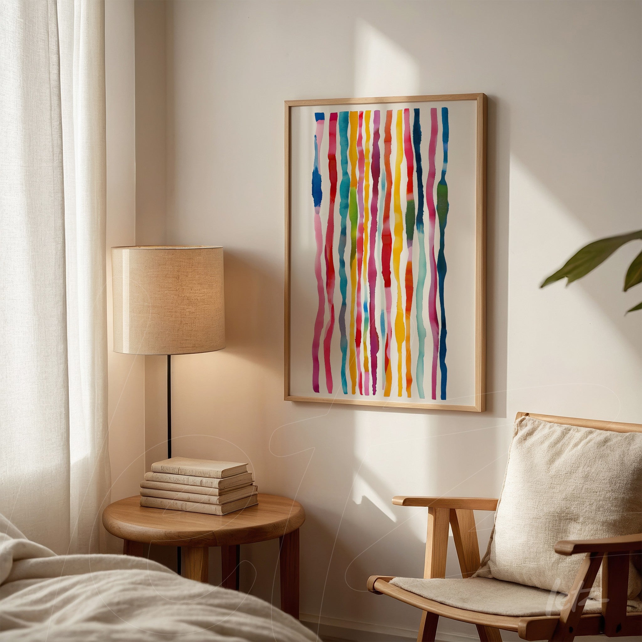 abstract art piece featuring vibrant colors in a light frame displayed on a white wall next to a lamp and a wooden side table