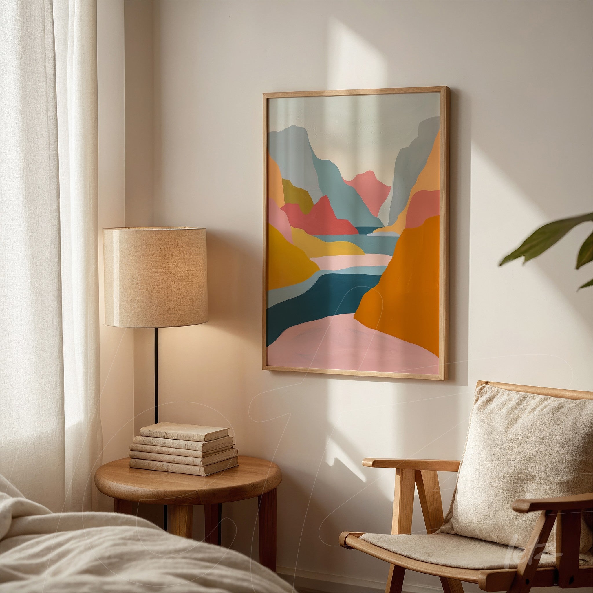 abstract artwork of colorful mountains in light wood frame displayed in a cozy setting with a sofa and lamp