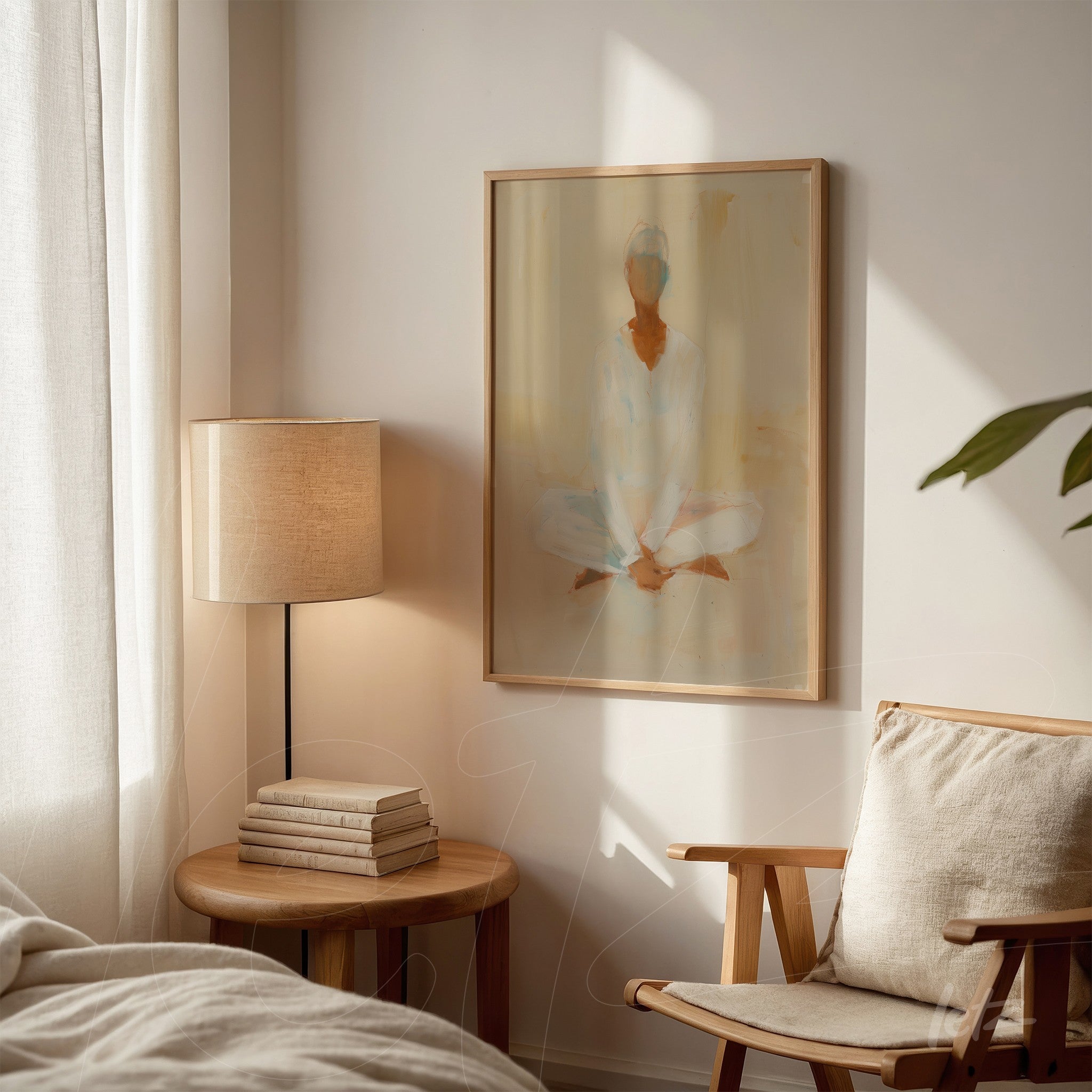 minimalist artwork of a meditating figure in a light wood frame displayed on a neutral wall next to a lamp