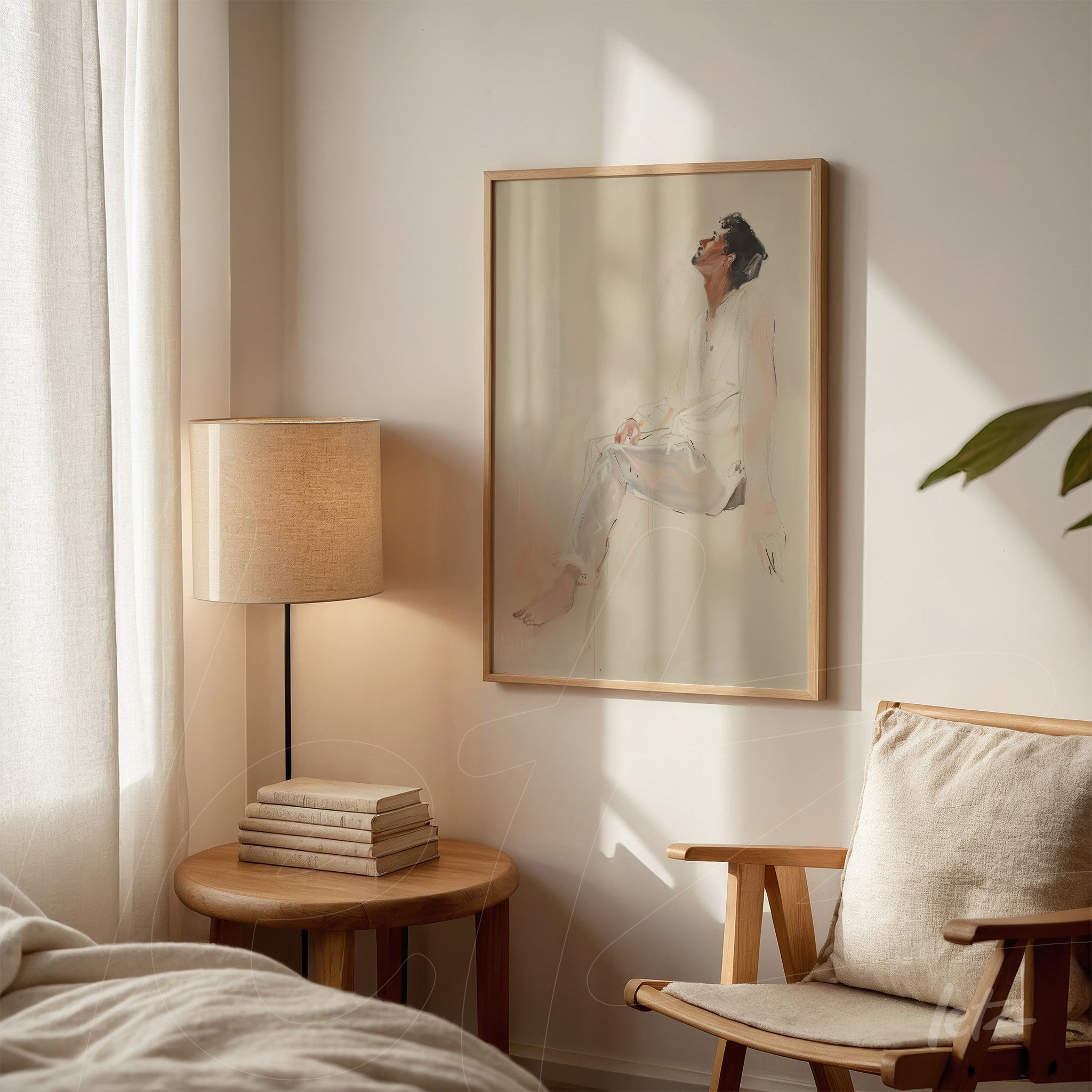 framed artwork in light wooden frame featuring a minimalist illustration of a seated human figure in a softly lit cozy setting